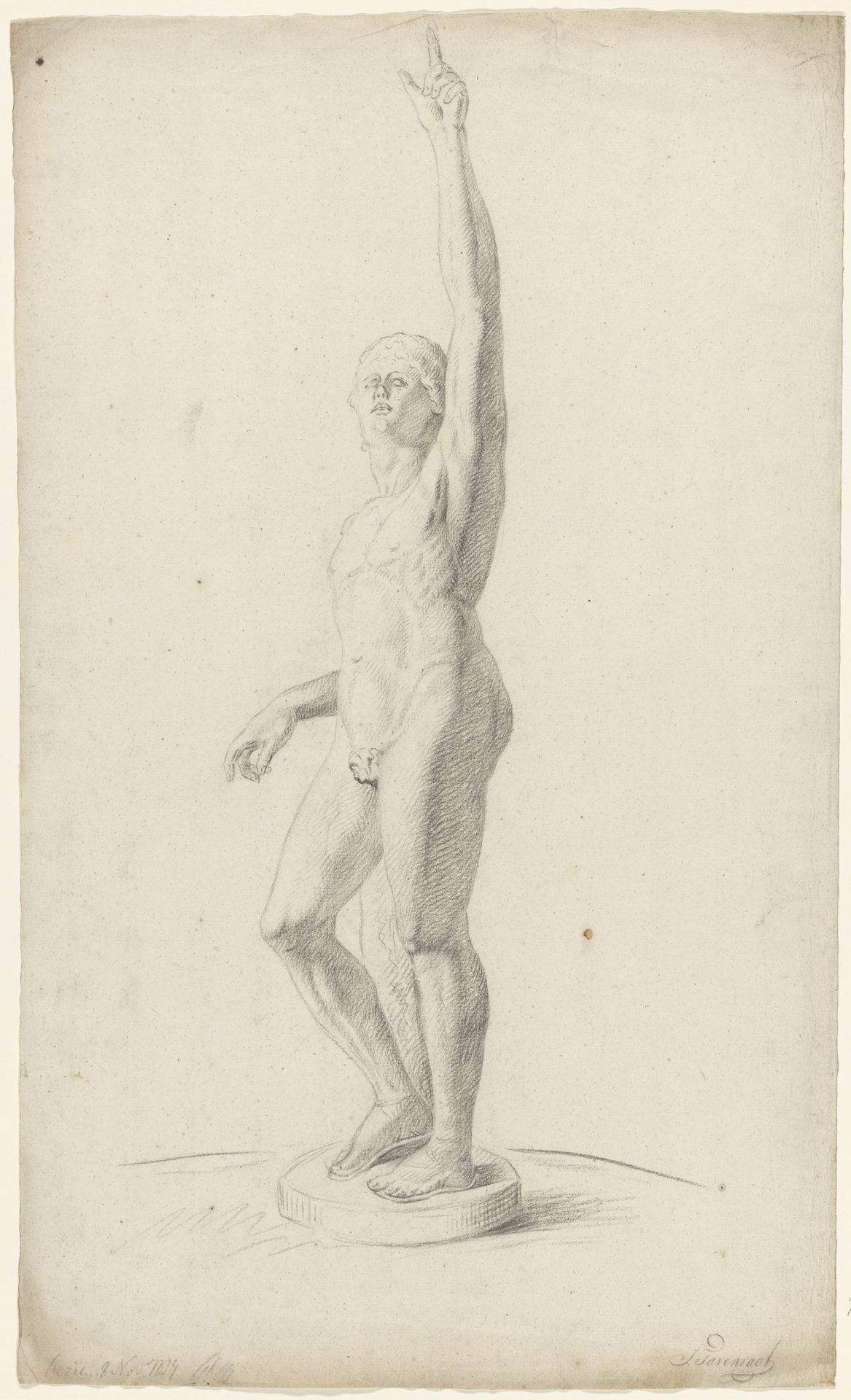 Gips van antiek beeld van staande naakt man, met opgeheven linkerarm by Johannes Tavenraat