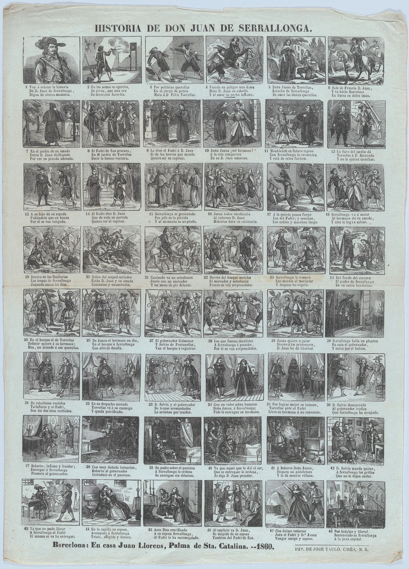 Broadside with 48 scenes relating the tale of Don Juan de Serrallonga by Samunca