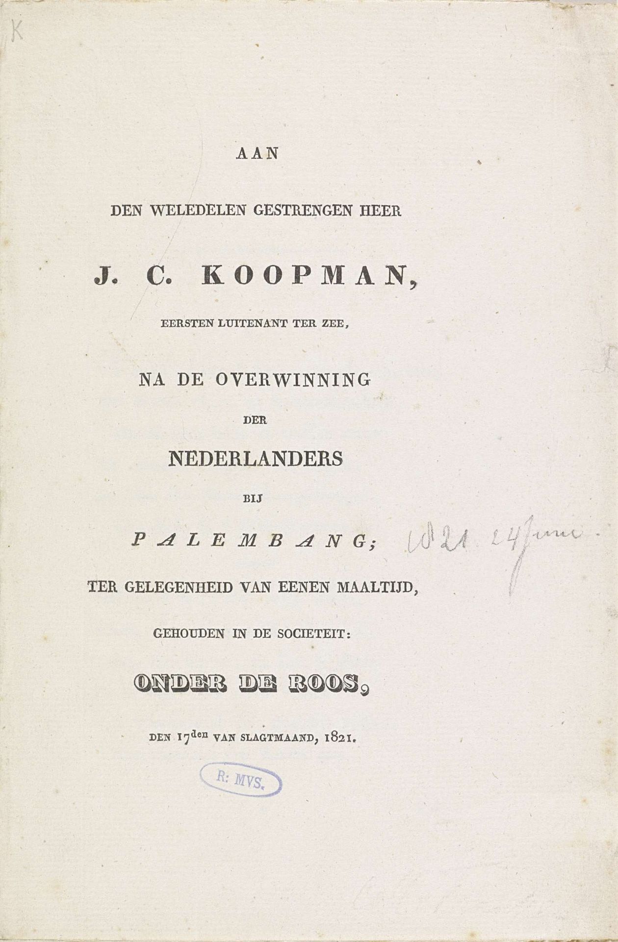 Vers ter ere van luitenant Koopman, 1821 by Arnoldus Brusse