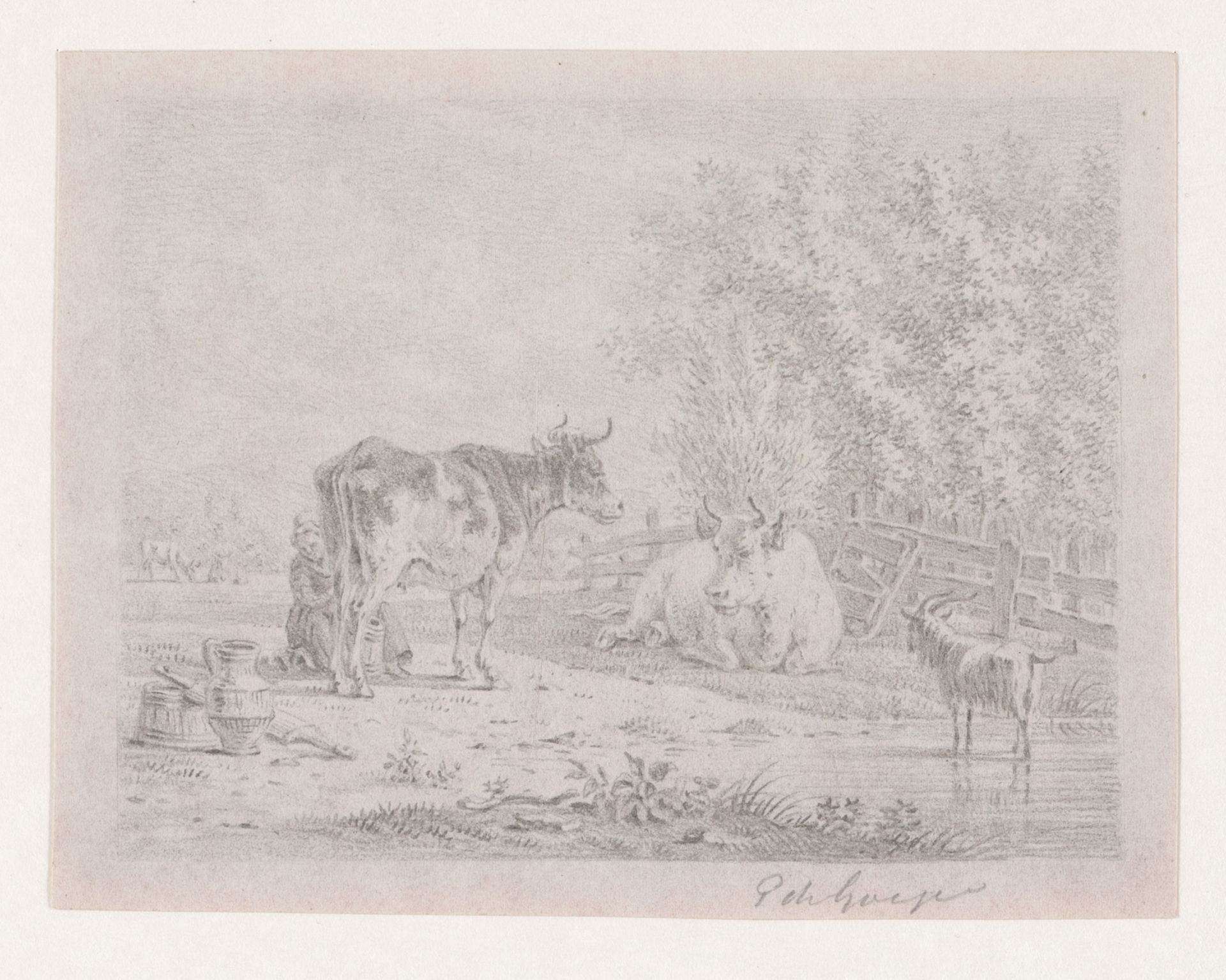Koe wordt gemolken in een landschap by Pieter de Goeje