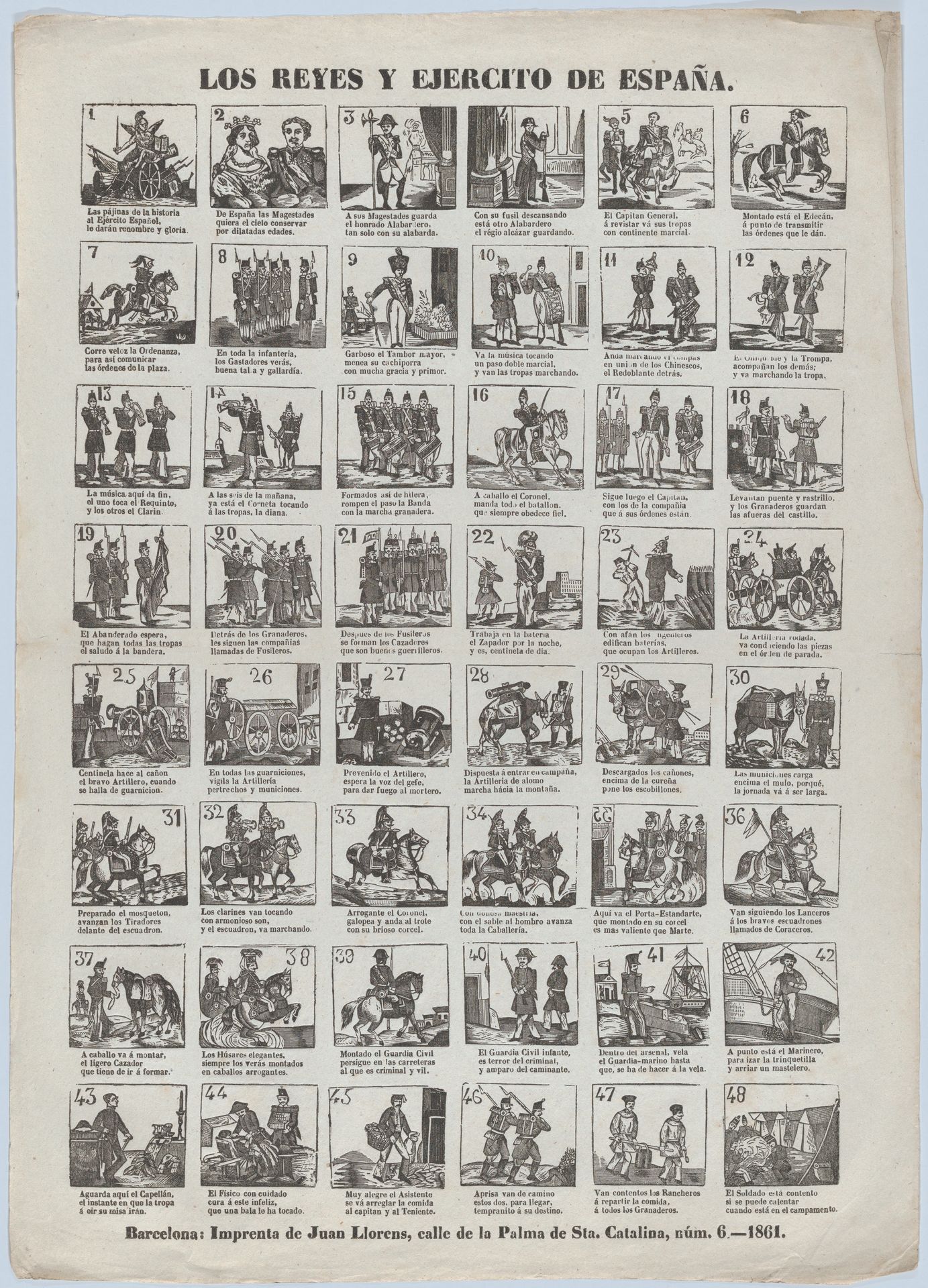 Broadside with 48 scenes relating to the Spanish army by Juan Llorens