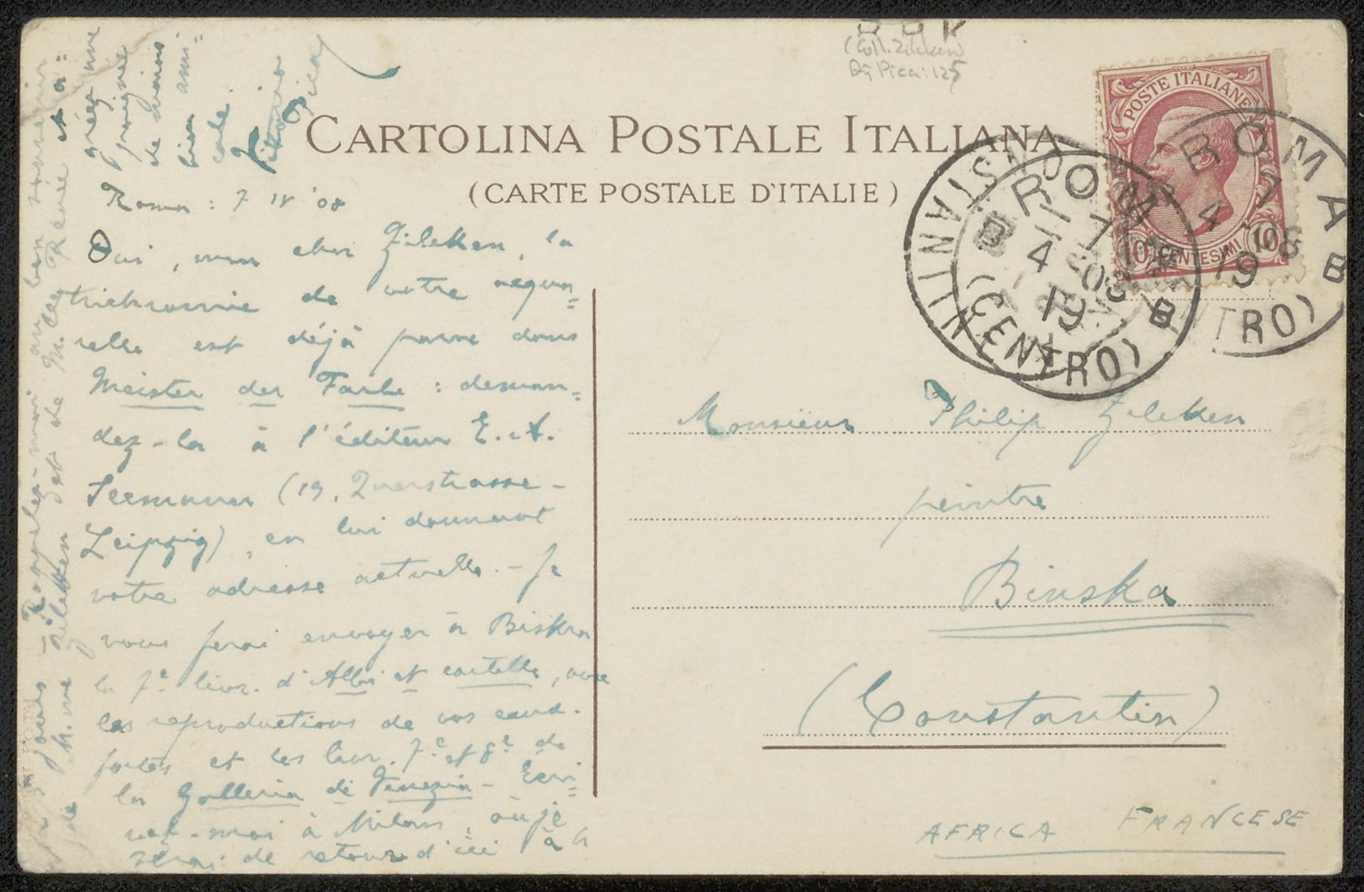 Prentbriefkaart aan Philip Zilcken by Vittorio Pica