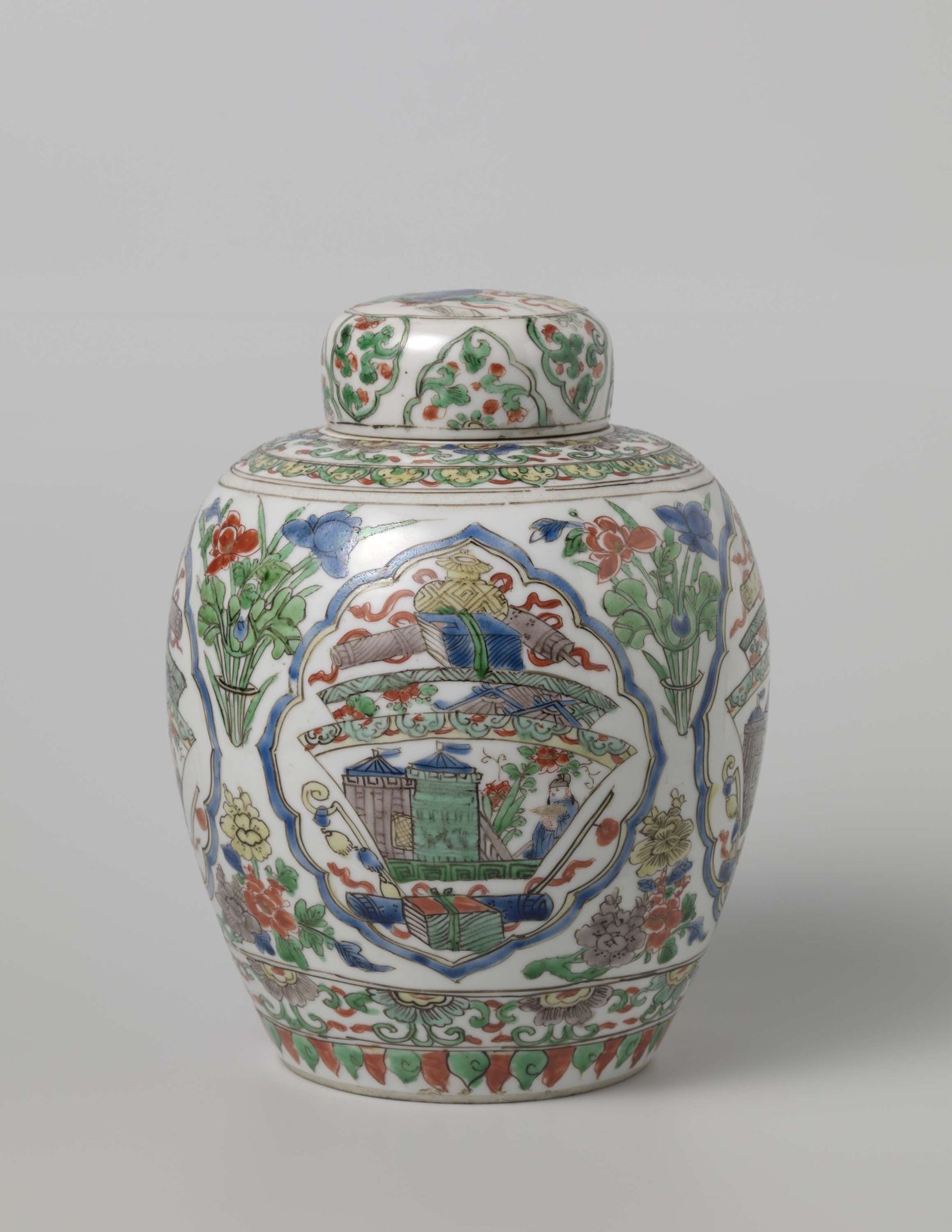 Covered, ovoid jar with antiquities and flower sprays by Anonymous