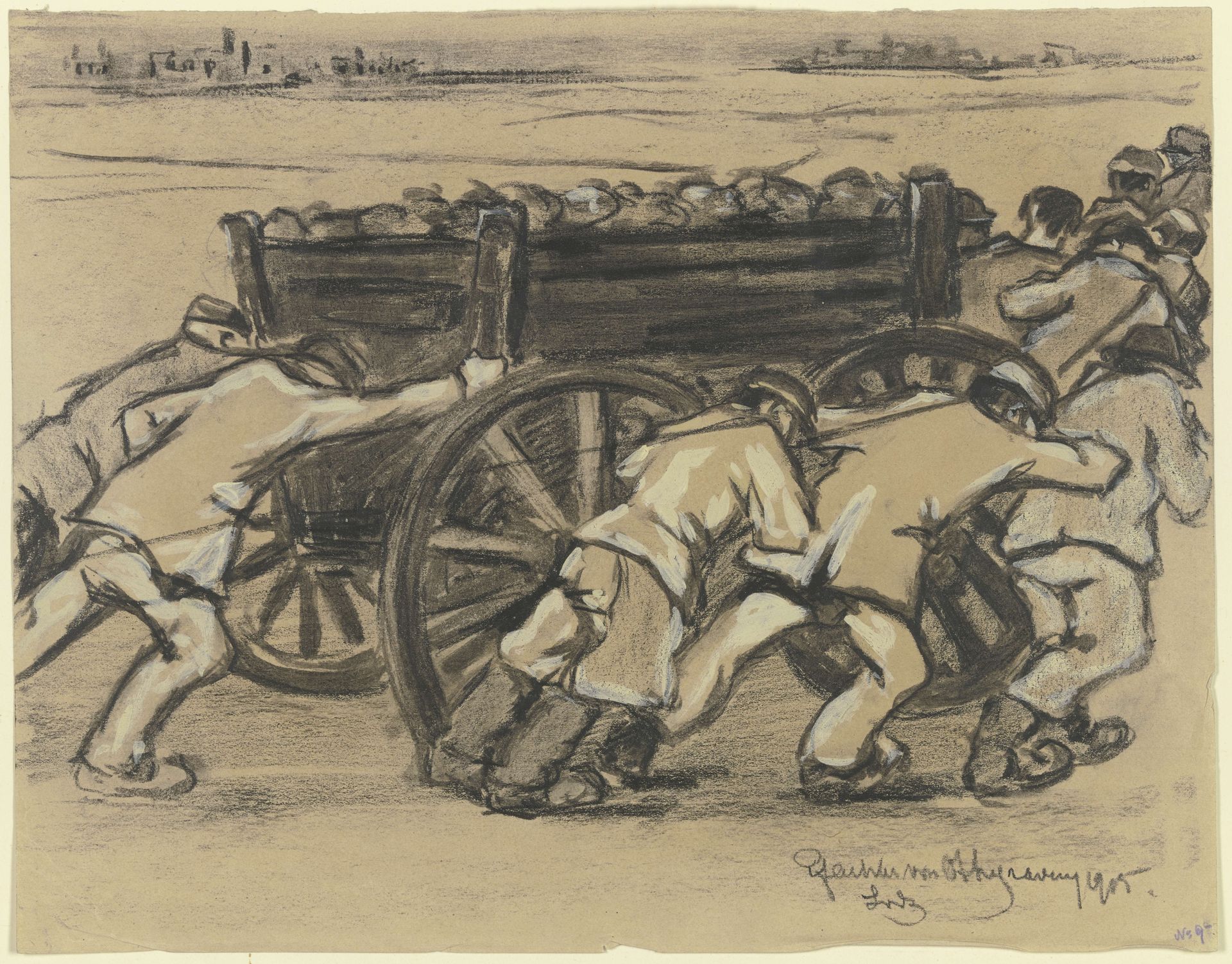Arbeiter in Lodz schieben eine Karre by Reinhard Pfaehler von Othegraven