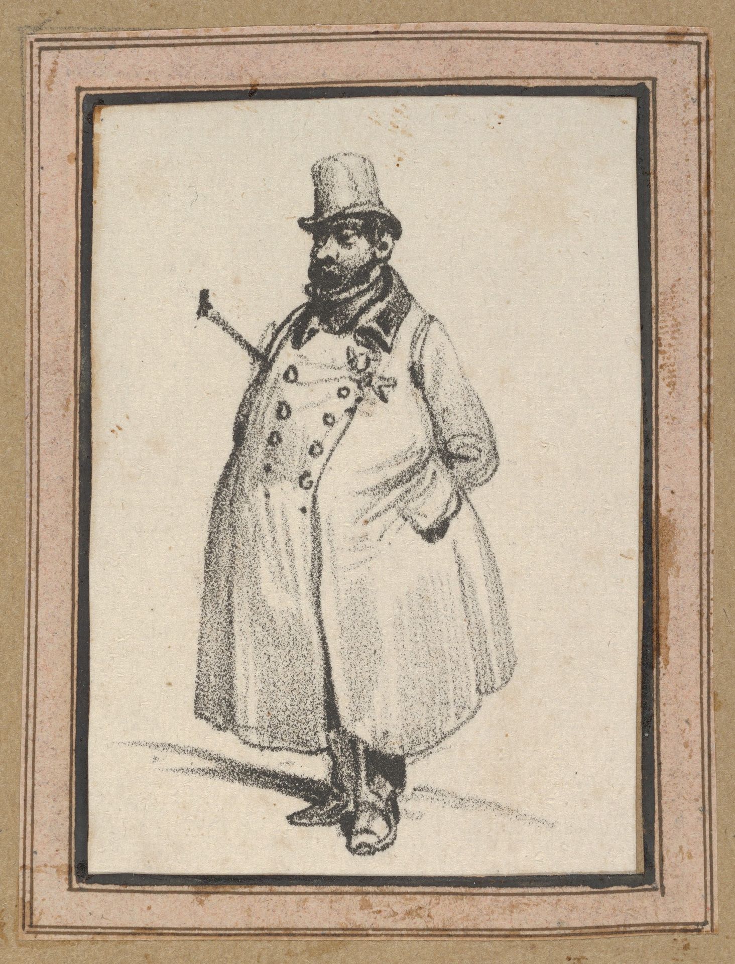 Man wearing a coat and a hat with a cane under his arm by Victor Adam