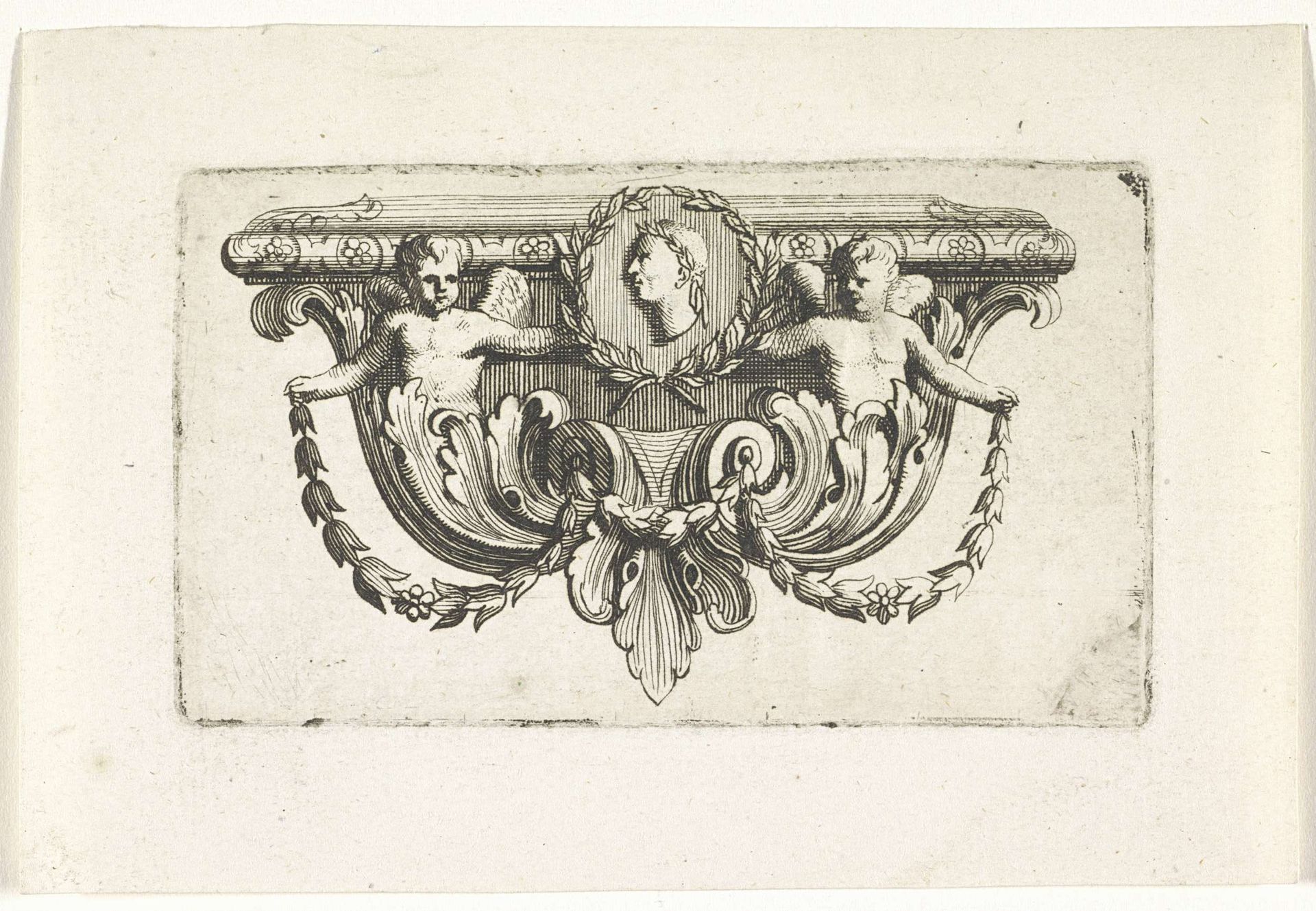 Vignet met portret in profiel geflankeerd door putti by Anonymous