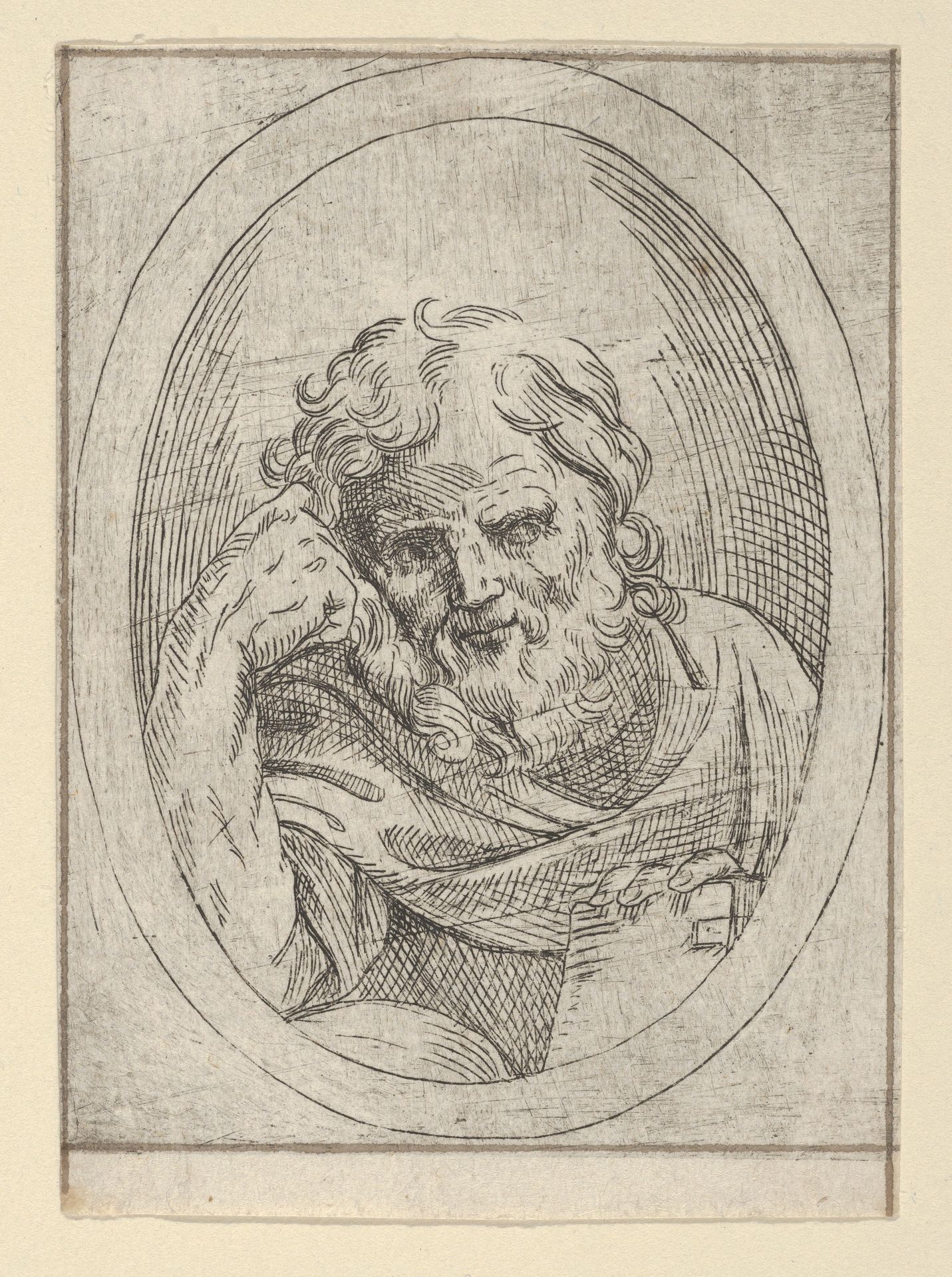 An apostle resting his head on his right hand and holding a book, in an oval frame, from Christ, the Virgin, and Thirteen Apostles by Anonymous