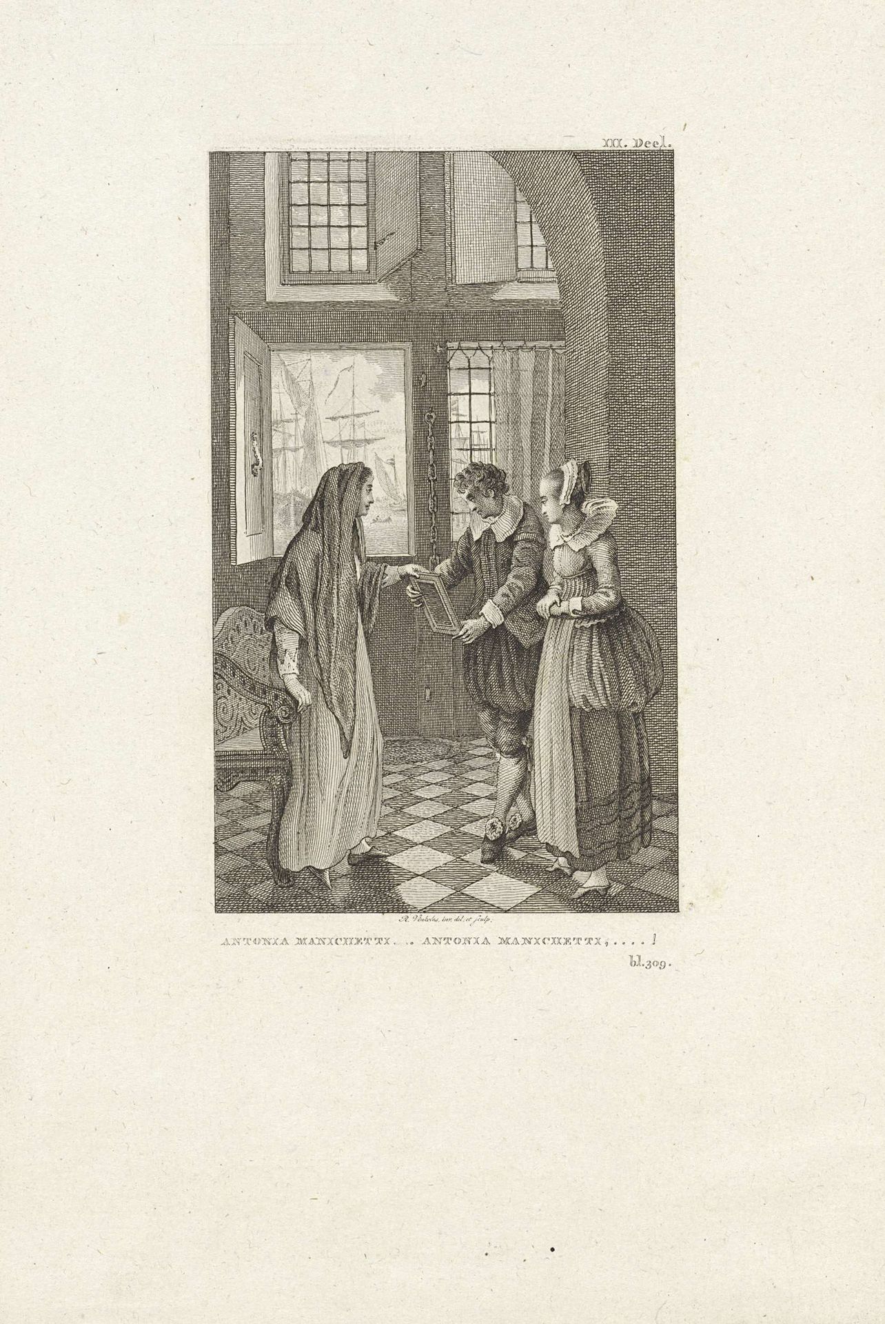 Vrouw toont een man een portret, mogelijk van Antonia Manichetti by Reinier Vinkeles