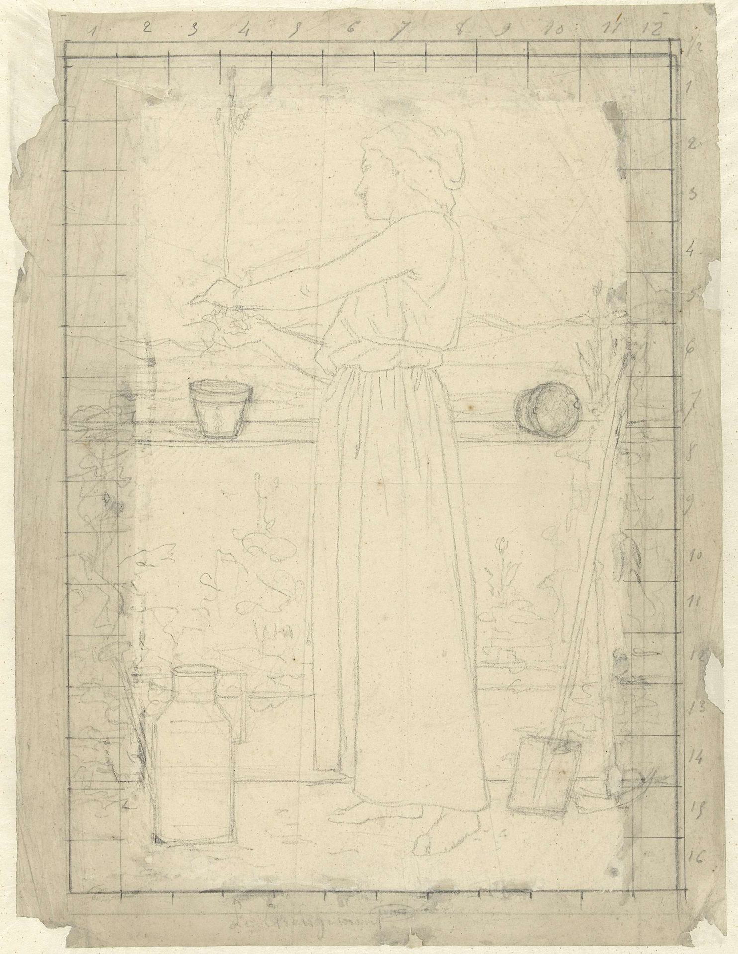 Staande vrouw die haar planten verzorgt by Ferdinand Roybet
