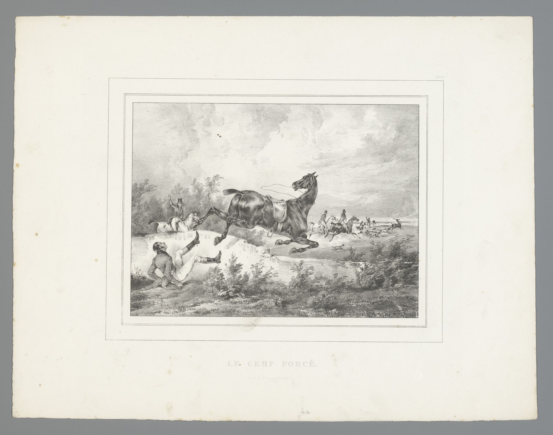 Man wordt van paard geworpen tijdens de hertenjacht by Bernard Édouard Swebach