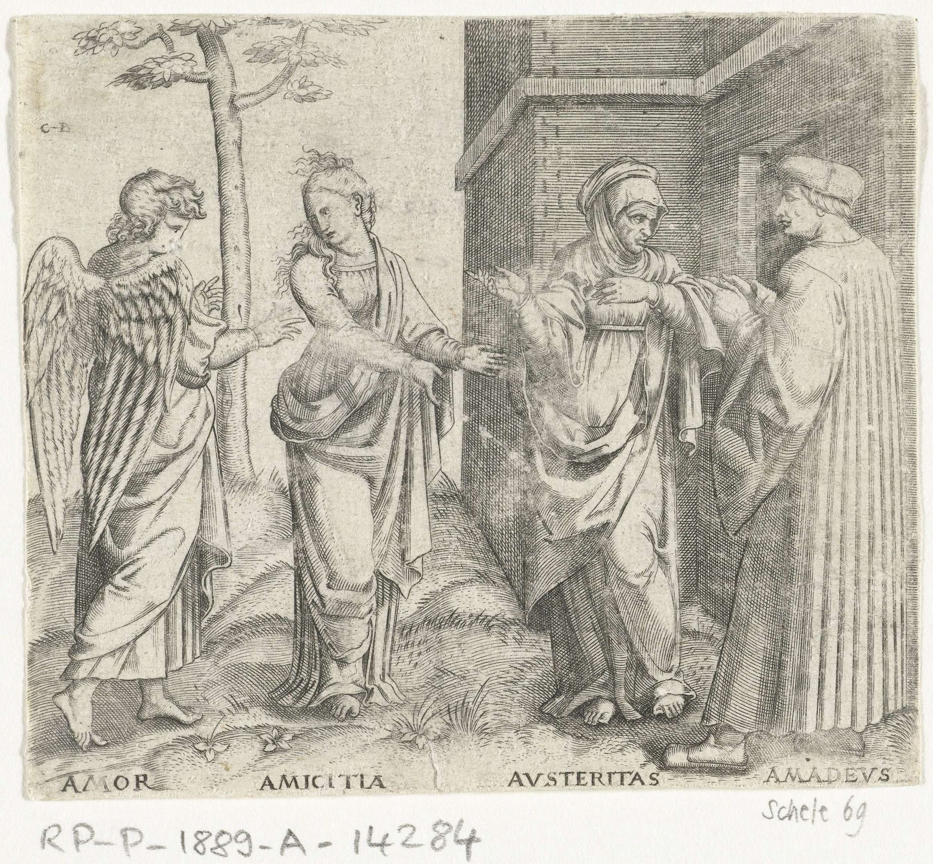 Amadeus Berutti met Strengheid (Austeritas) en Vriendschap (Amicitia) en Liefde (Amor) by Cornelis Bos