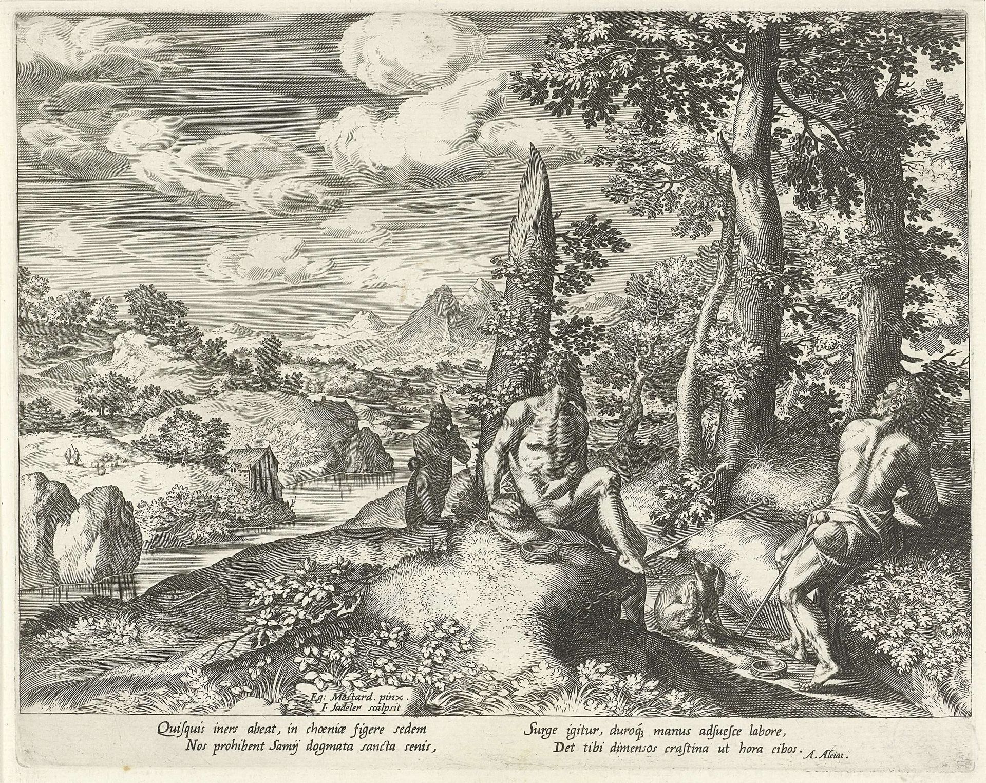 Rivierlandschap met het embleem over de luiheid by Johann Sadeler I