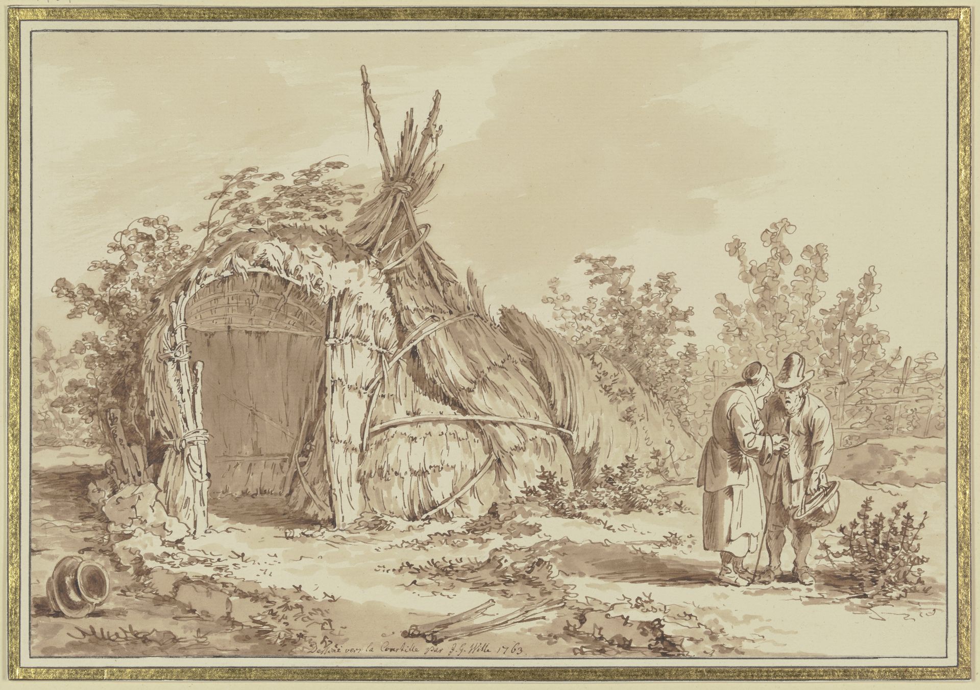 Old couple in front of straw hut by Johann Georg Wille