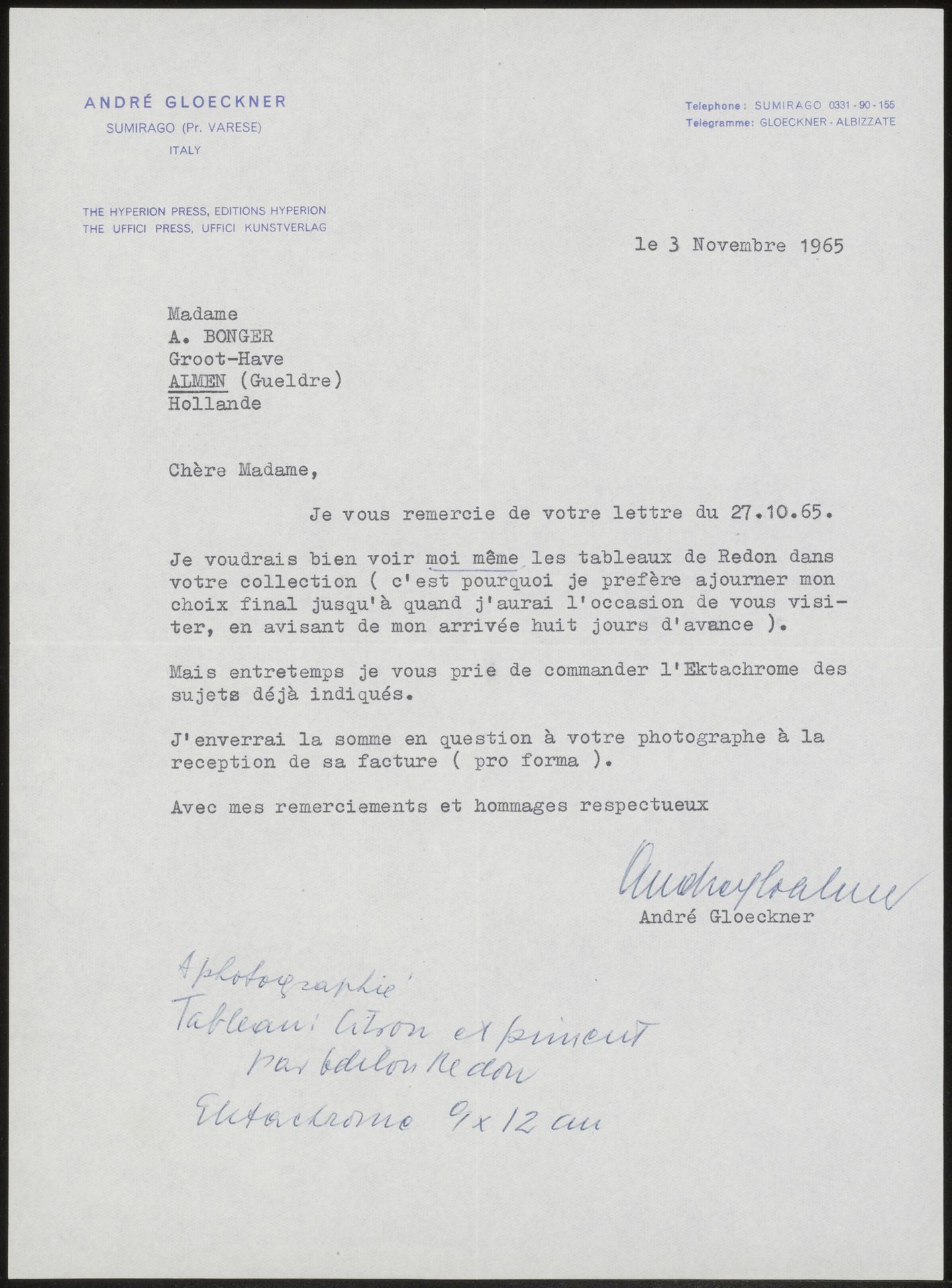 Brief aan Françoise W.M. Bonger by André Gloeckner