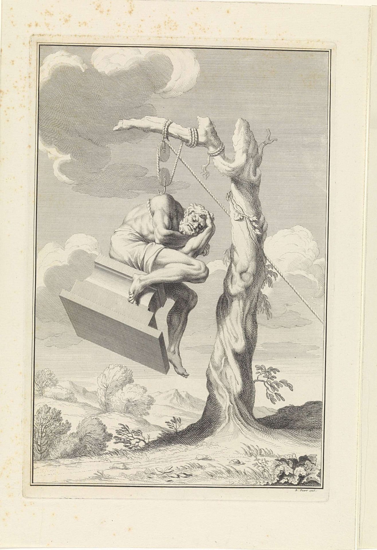 Standbeeld van een man hangt aan een katrol in een boom by Bernard Picart