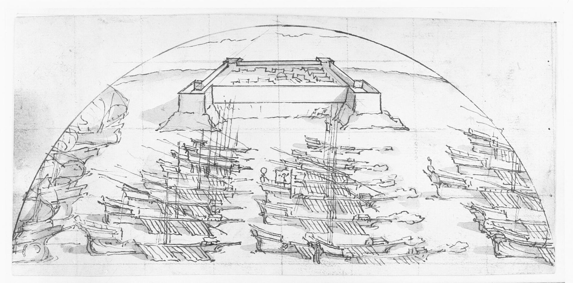 Galejer sejler forbi et fort by Lazzaro Tavarone