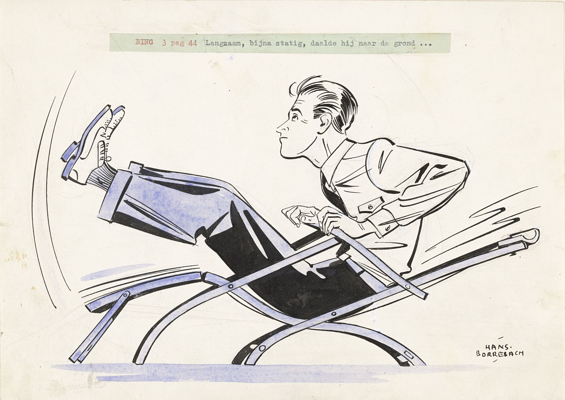 Piet Bing valt achterover in een ligstoel by Hans Borrebach