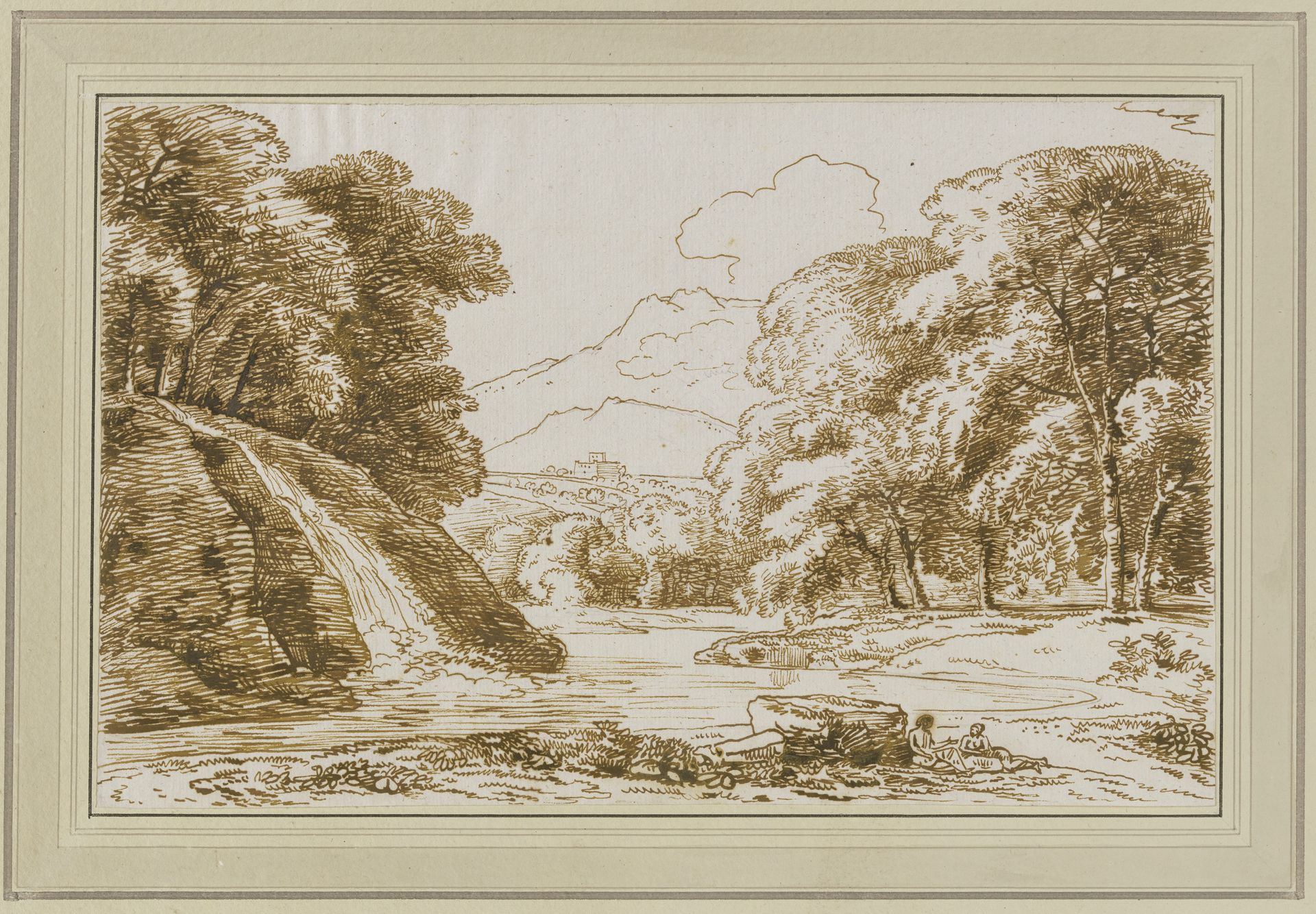 Landschaft mit Wasserfall und lagerndem Paar by Franz Kobell
