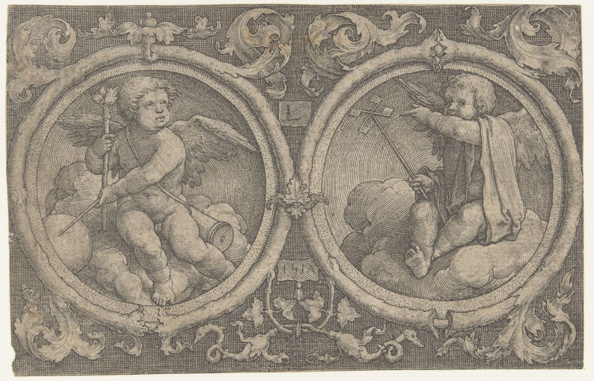 Twee medaillons met putti op wolken by Lucas van Leyden