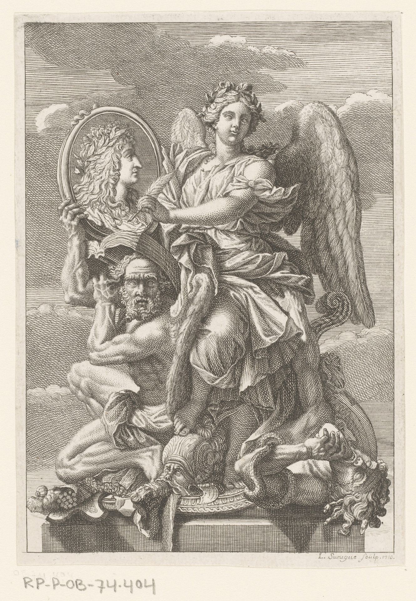 Fama en Tijd met portret van man met lauwerkrans op het hoofd by Louis Surugue