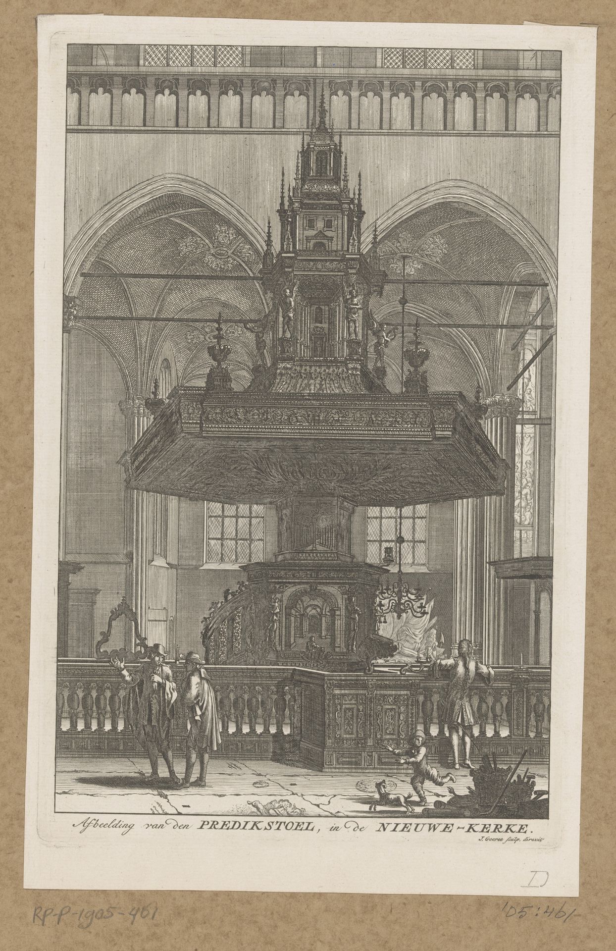Gezicht op de preekstoel in de Nieuwe Kerk te Amsterdam by Jan Goeree