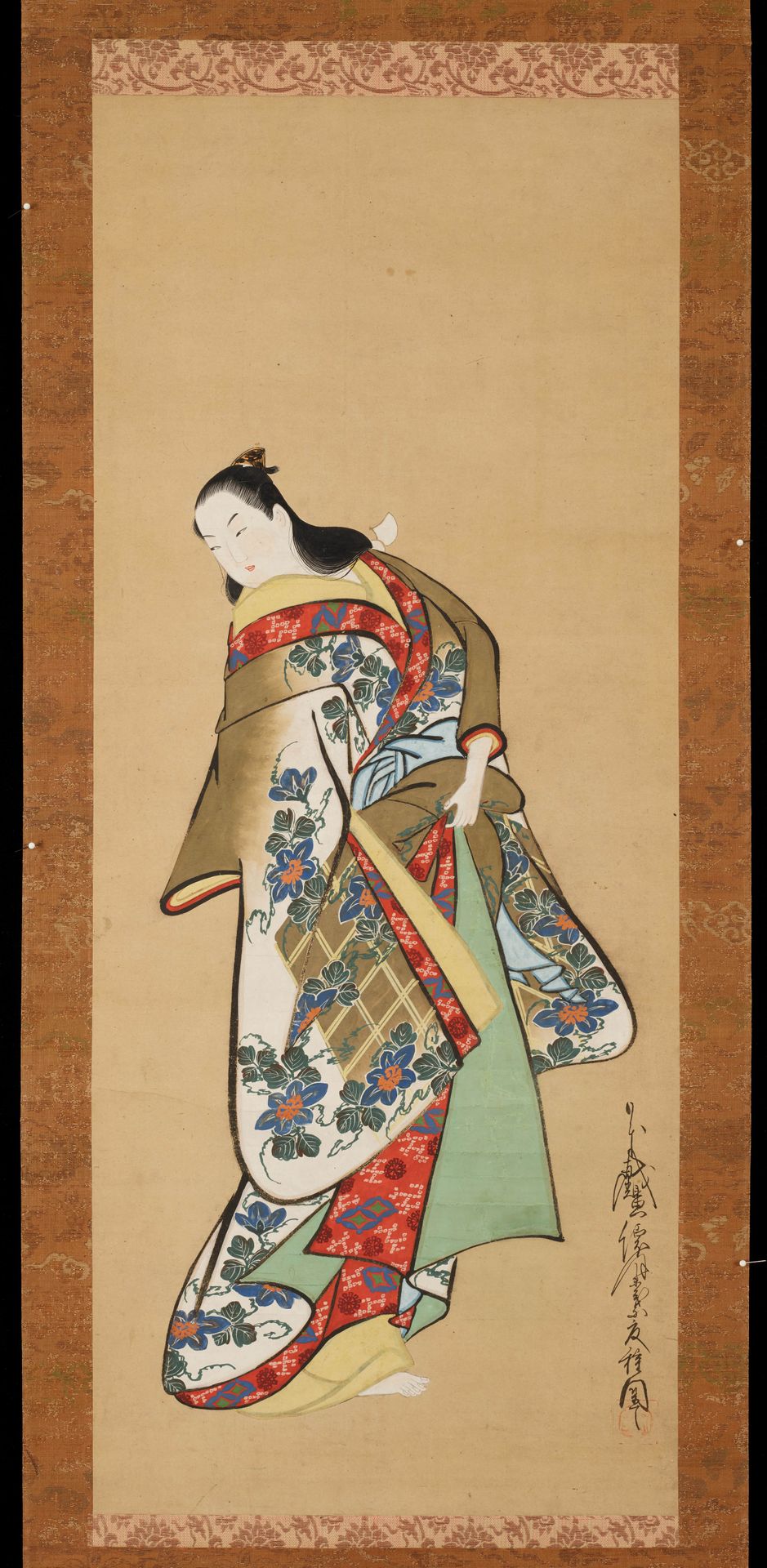 Standing prostitute wearing a kimono decorated with morning glories on a trellis by Kaigetsudō Doshu