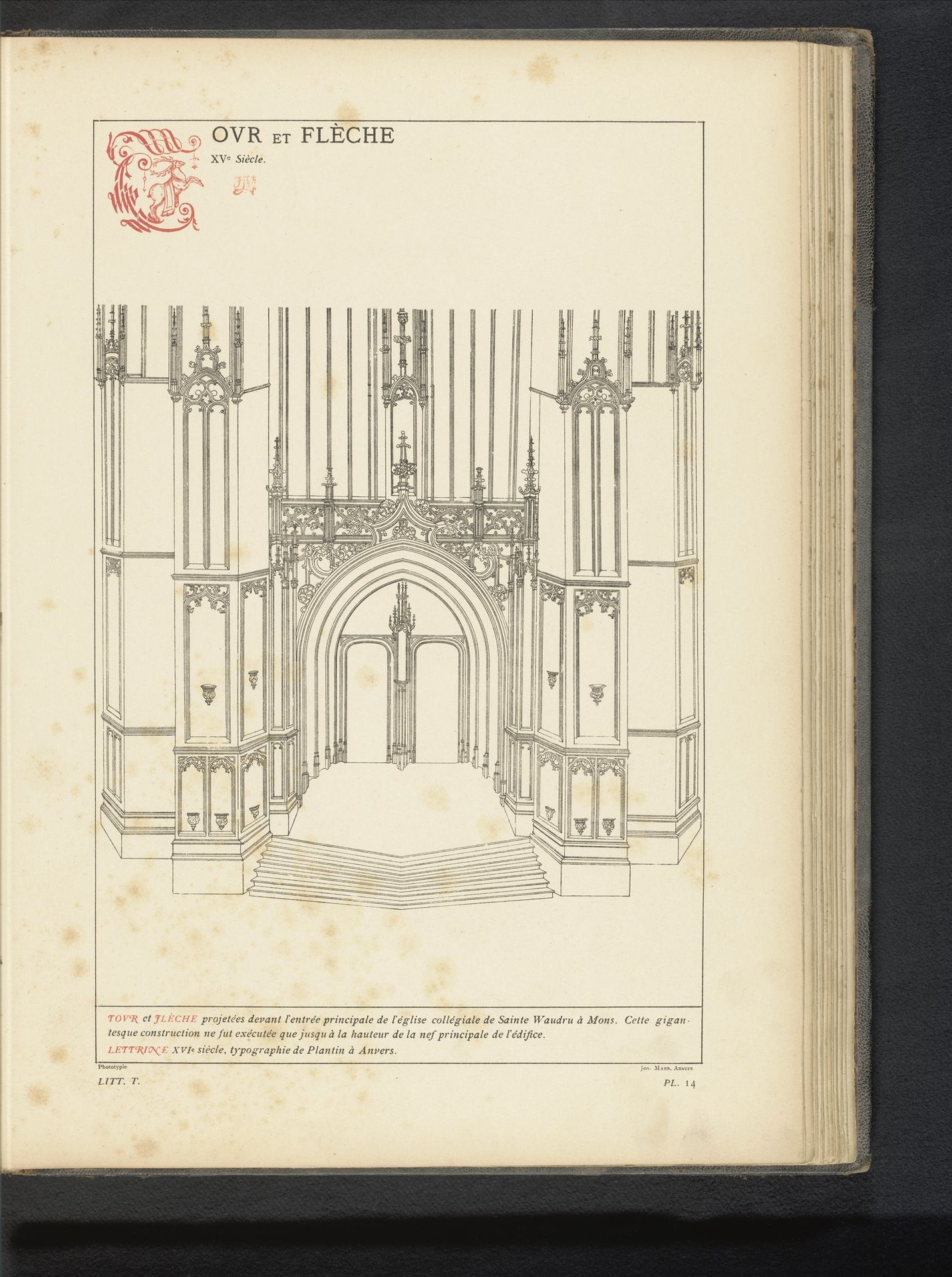 Reproductie van een prent van de deuren en torens van de Sint-Waltrudiskerk te Bergen by Anonymous