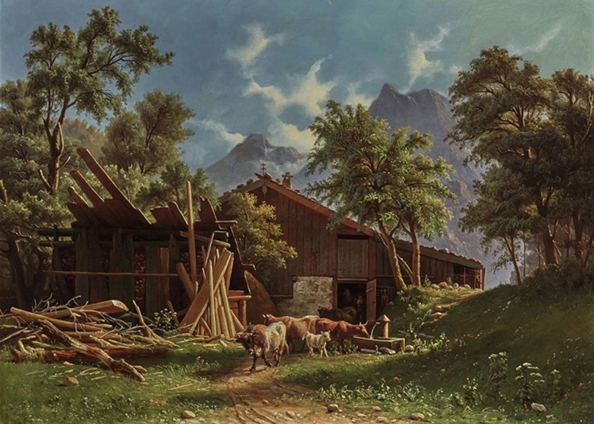 Cows in front of stable in mountain landscape by Knud Baade