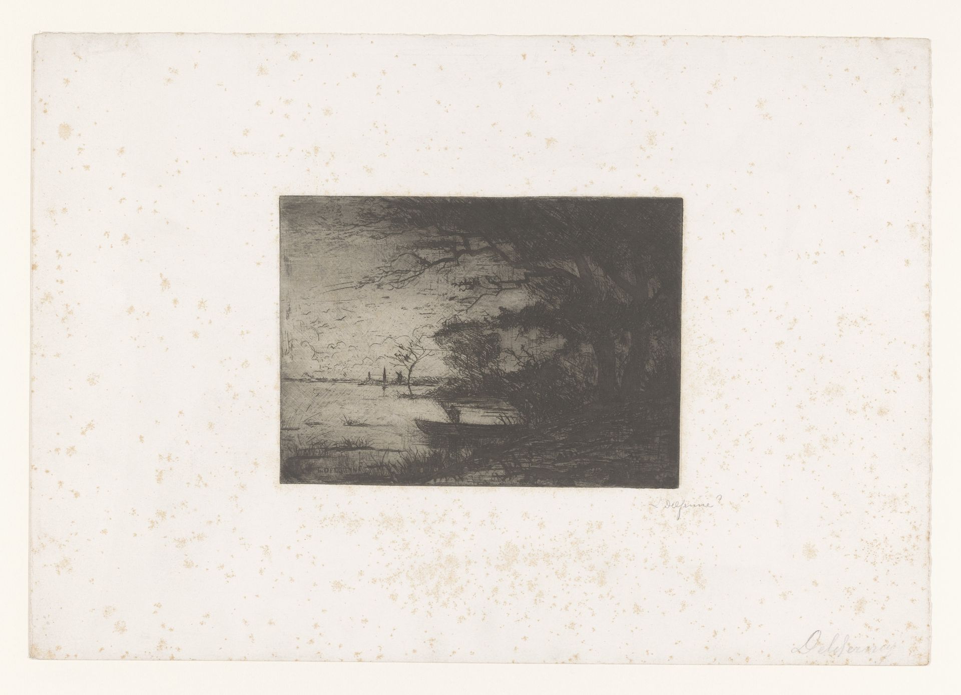 Riviergezicht met boot langs de beboste oever by L. Delfenne