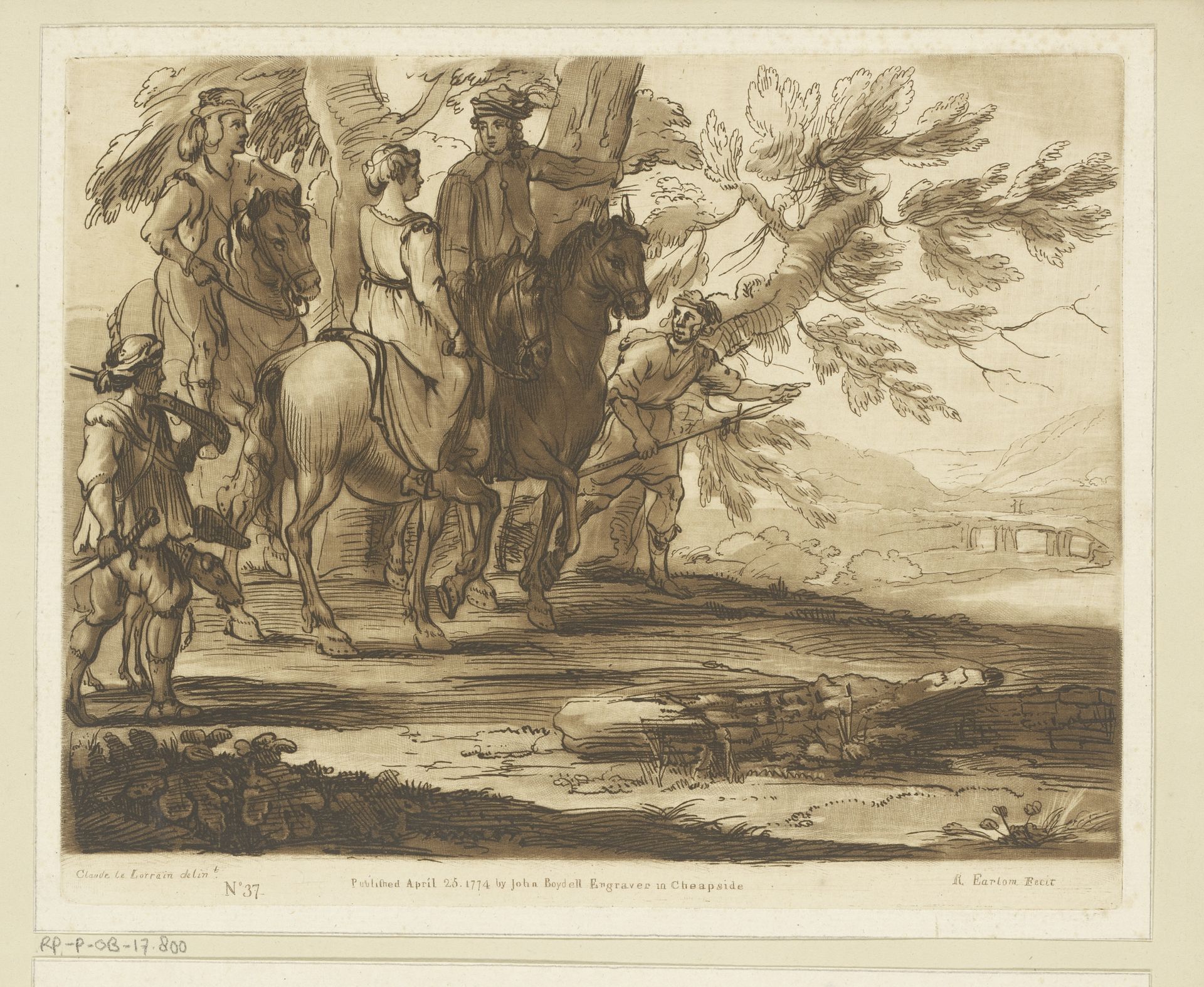 Landschap met drie ruiters die gaan jagen by Richard Earlom