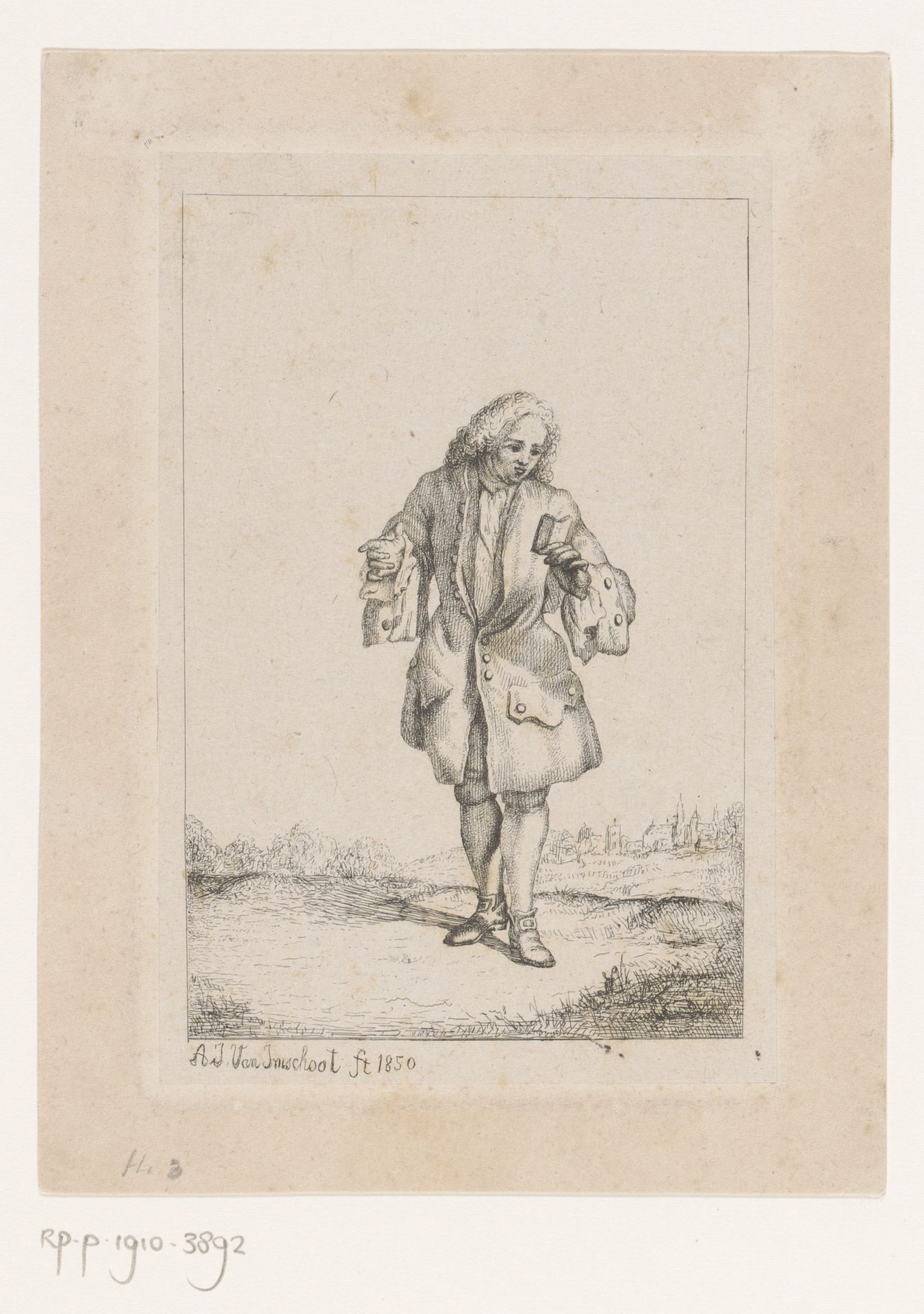 Staande heer in een landschap leest een klein boek by Jules Van Imschoot