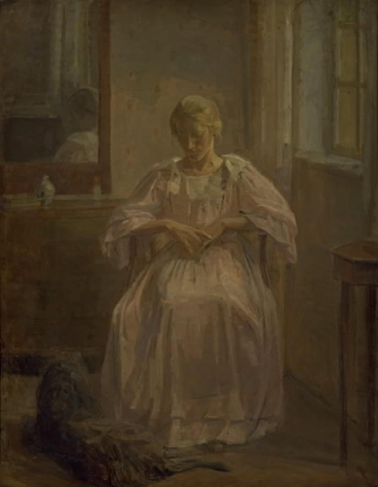 En ung pige, Sophie Lofthus, med en hund by Karl Schou