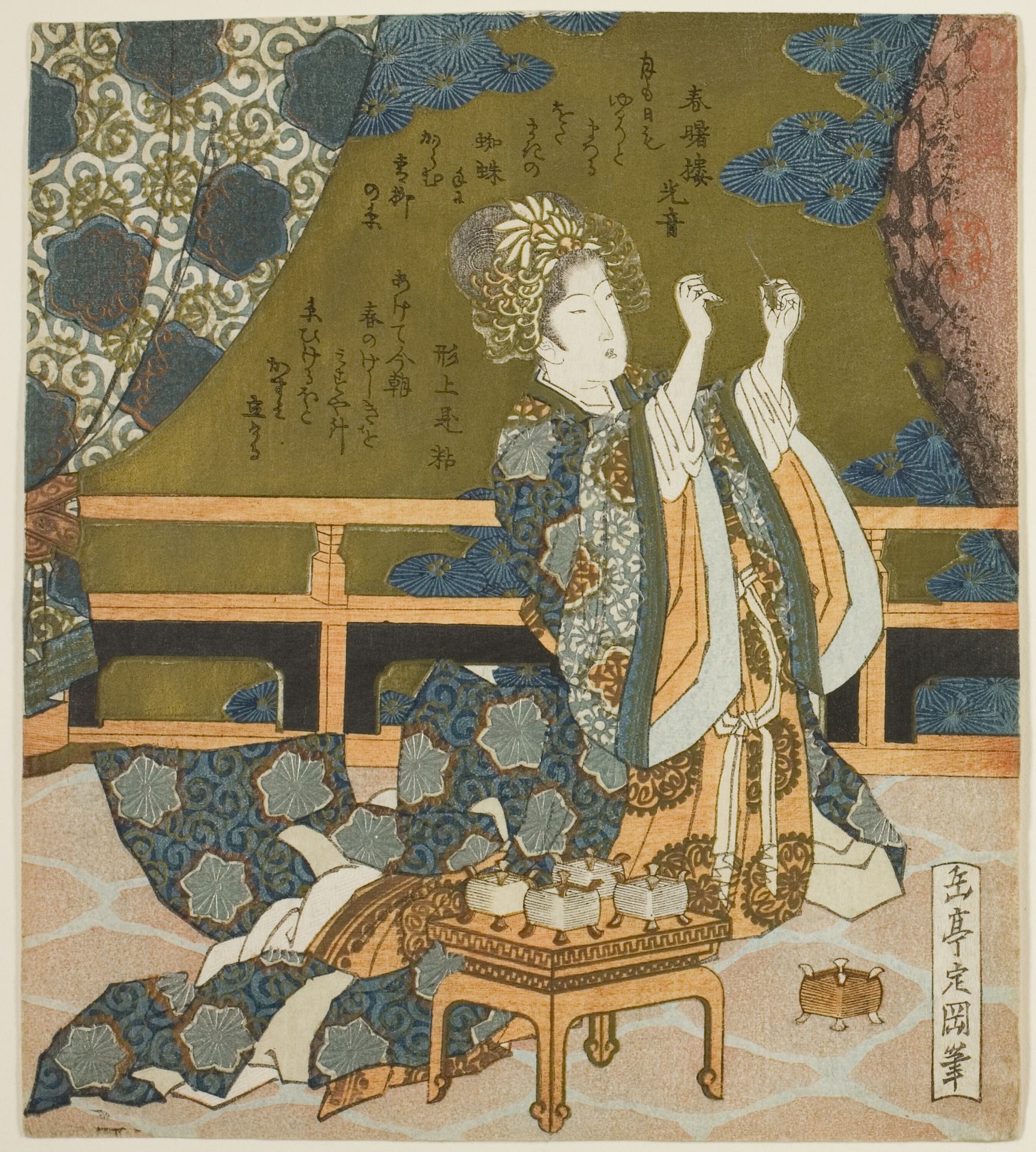 Two Chinese Women Examining Thread and a Spider’s Web in a Box, from the series "Diptych for the Drum Group" by Yashima Gakutei 屋島岳亭