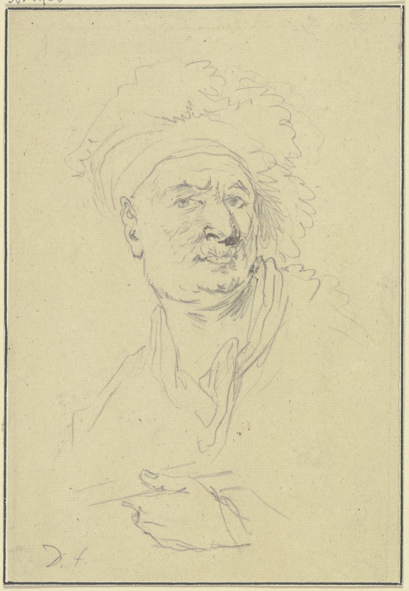 Brustbild eines Mannes mit Mütze, die linke Hand vor die Brust haltend (Selbstbildnis_) by Christian Wilhelm Ernst Dietrich