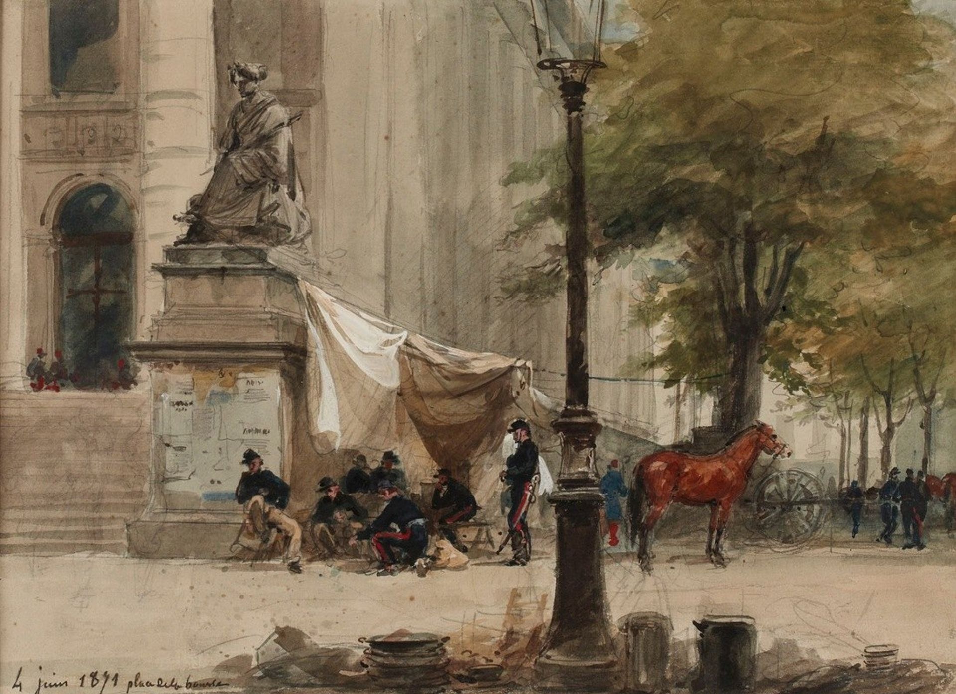 Campement d’artillerie place de la Bourse, 4 juin 1871. by Isidore Pils