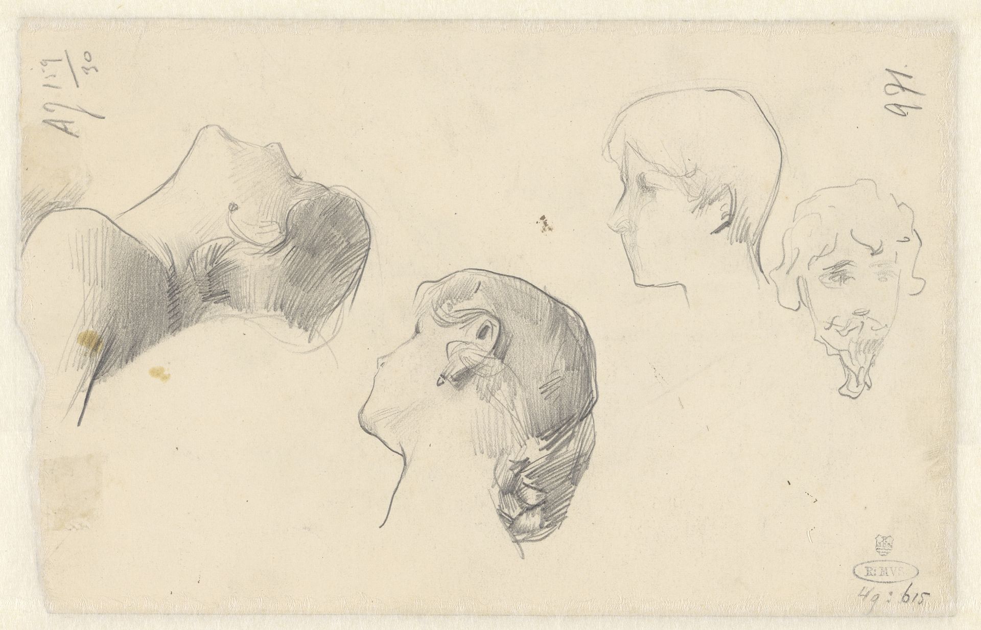 Studieblad met vier hoofden van mannen en vrouwen by Nicolaas van der Waay