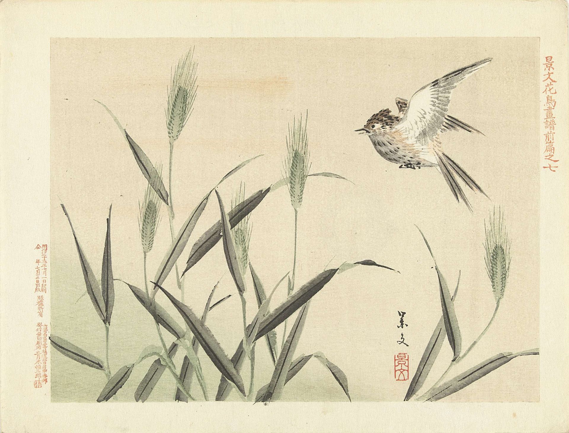 Vogel vliegend bij grassen by Matsumura Keibun