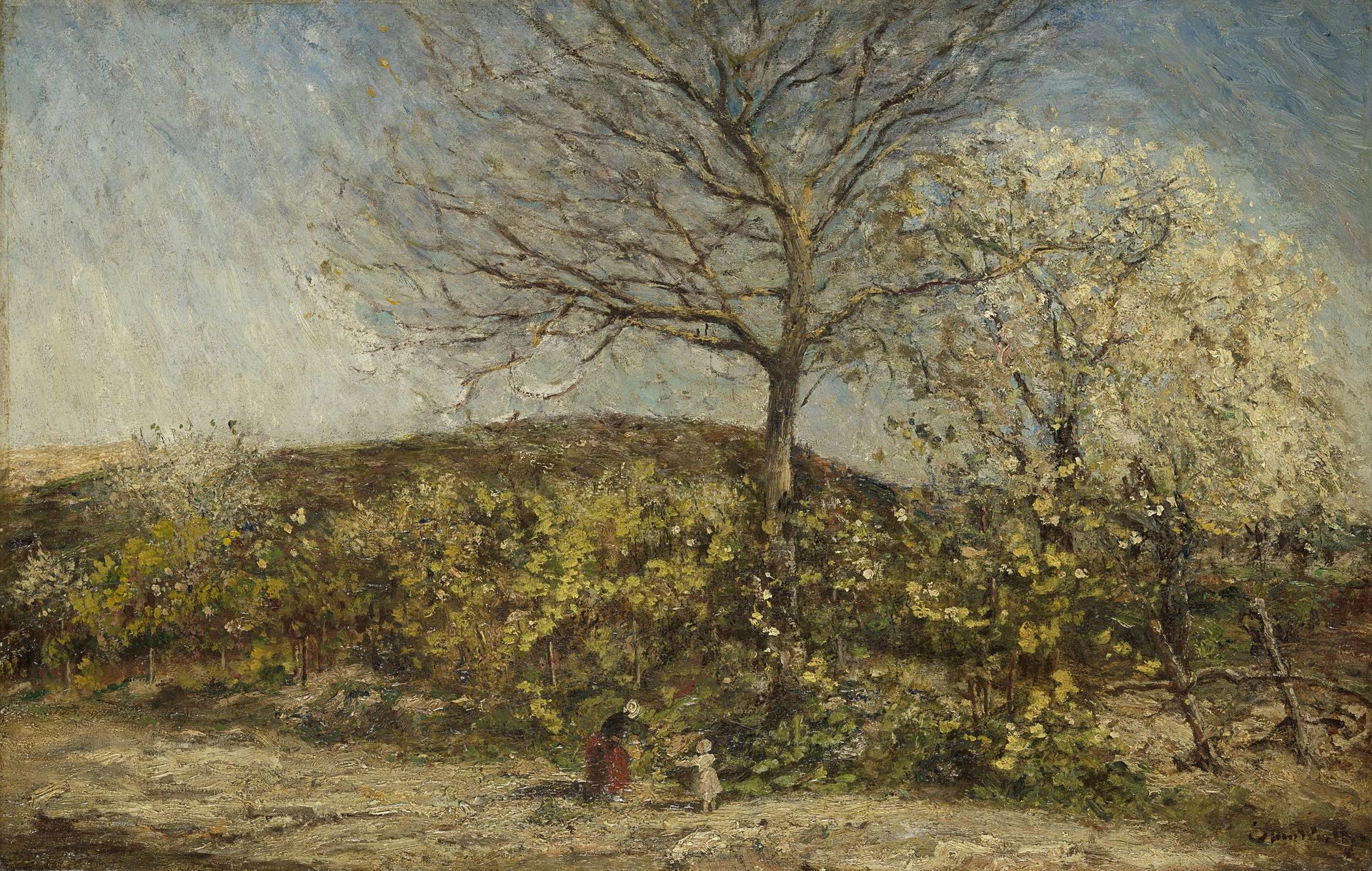 Landschap met bloeiende boomgaard by Adolphe Joseph Thomas Monticelli