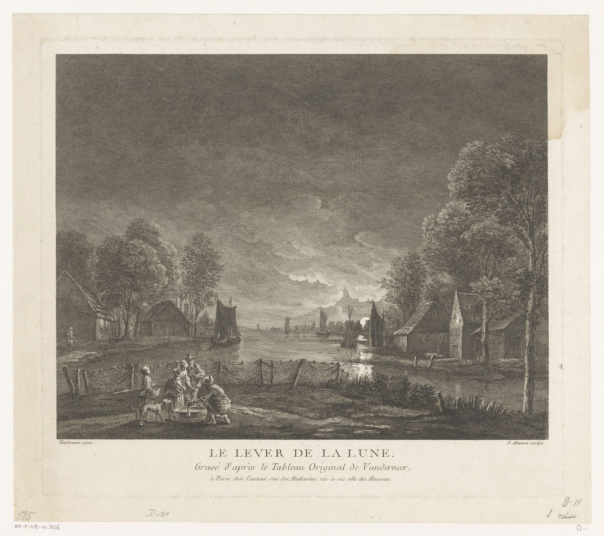Gezicht op een dorp bij maanlicht by Jacques Aliamet