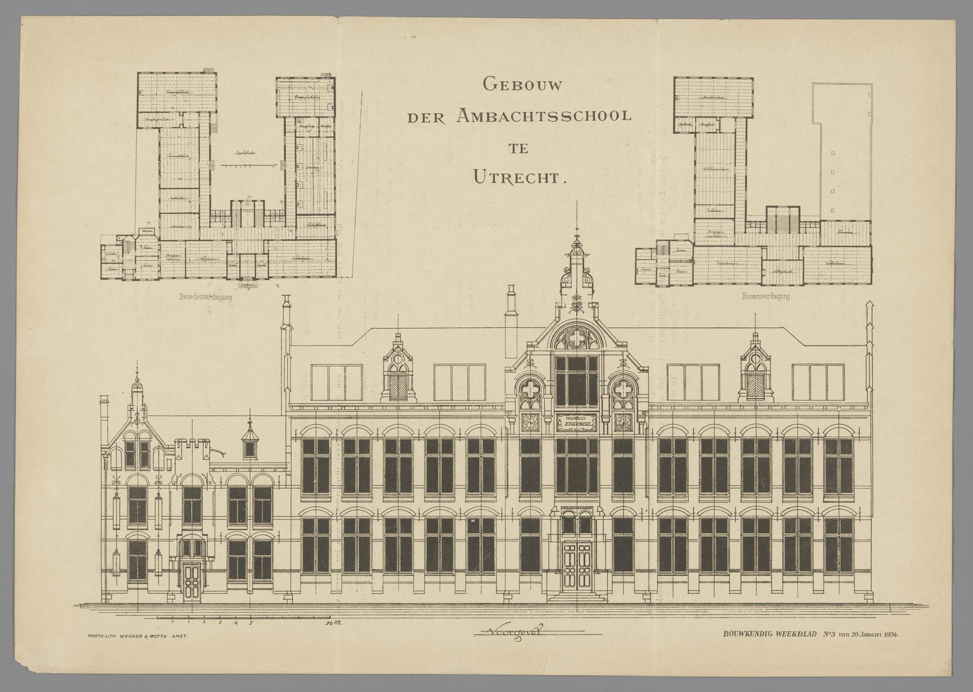 Plattegronden en aanzicht van de Ambachtsschool te Utrecht by Wegner & Mottu