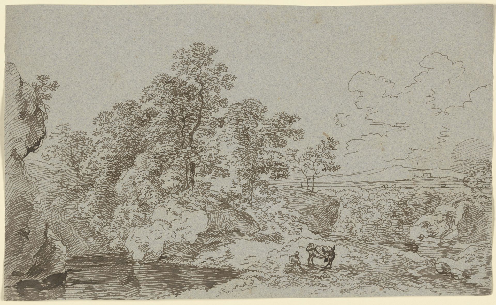 Landschaft mit einer weidenden Kuh und einem Hirten by Franz Kobell