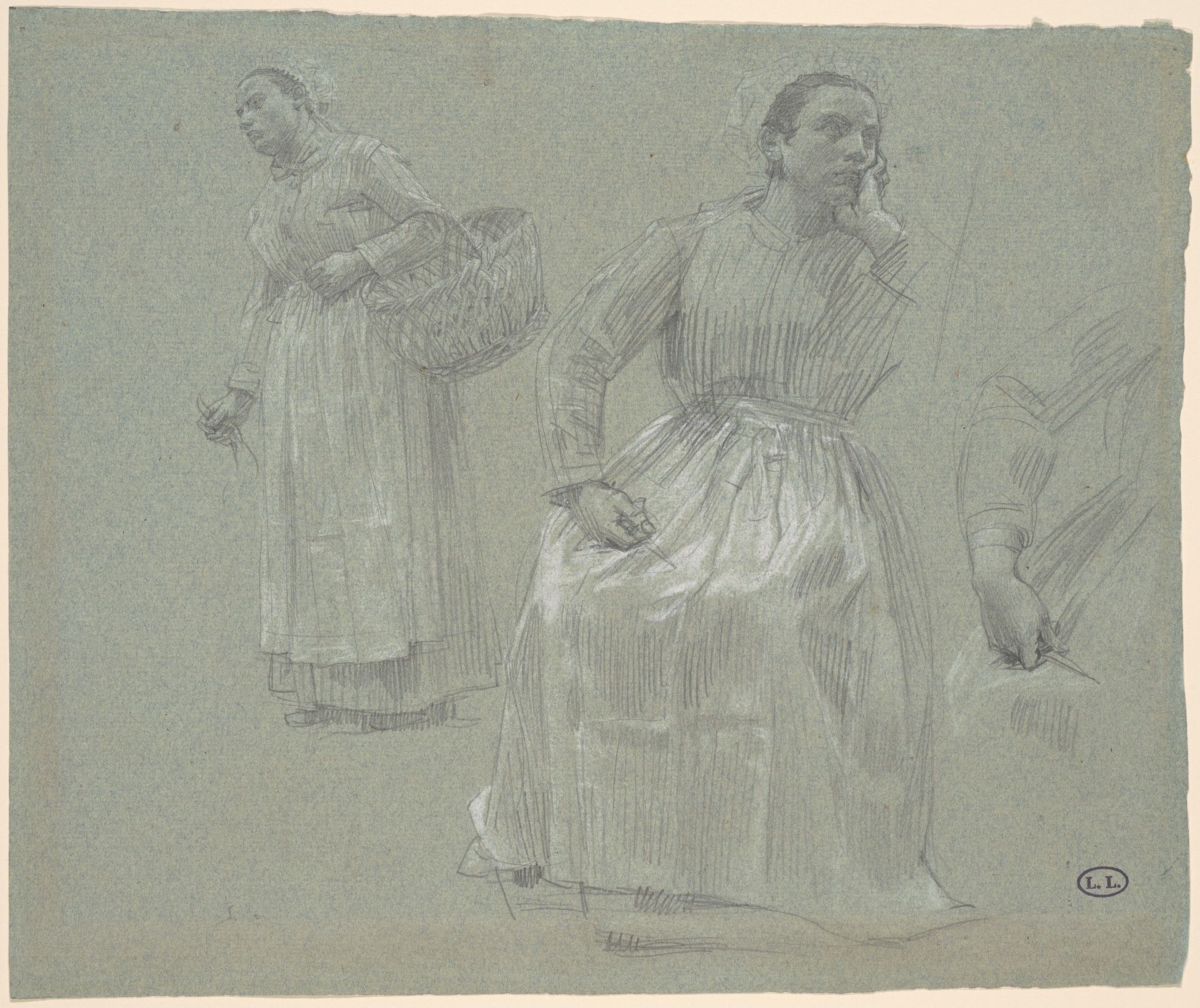Study of Two Women, One Seated and One Holding a Basket by Léon Augustin Lhermitte