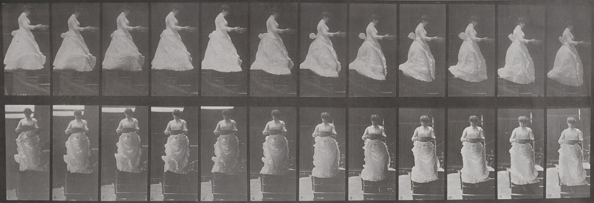 Plate Number 134. Descending stairs with a basin in hands by Eadweard Muybridge