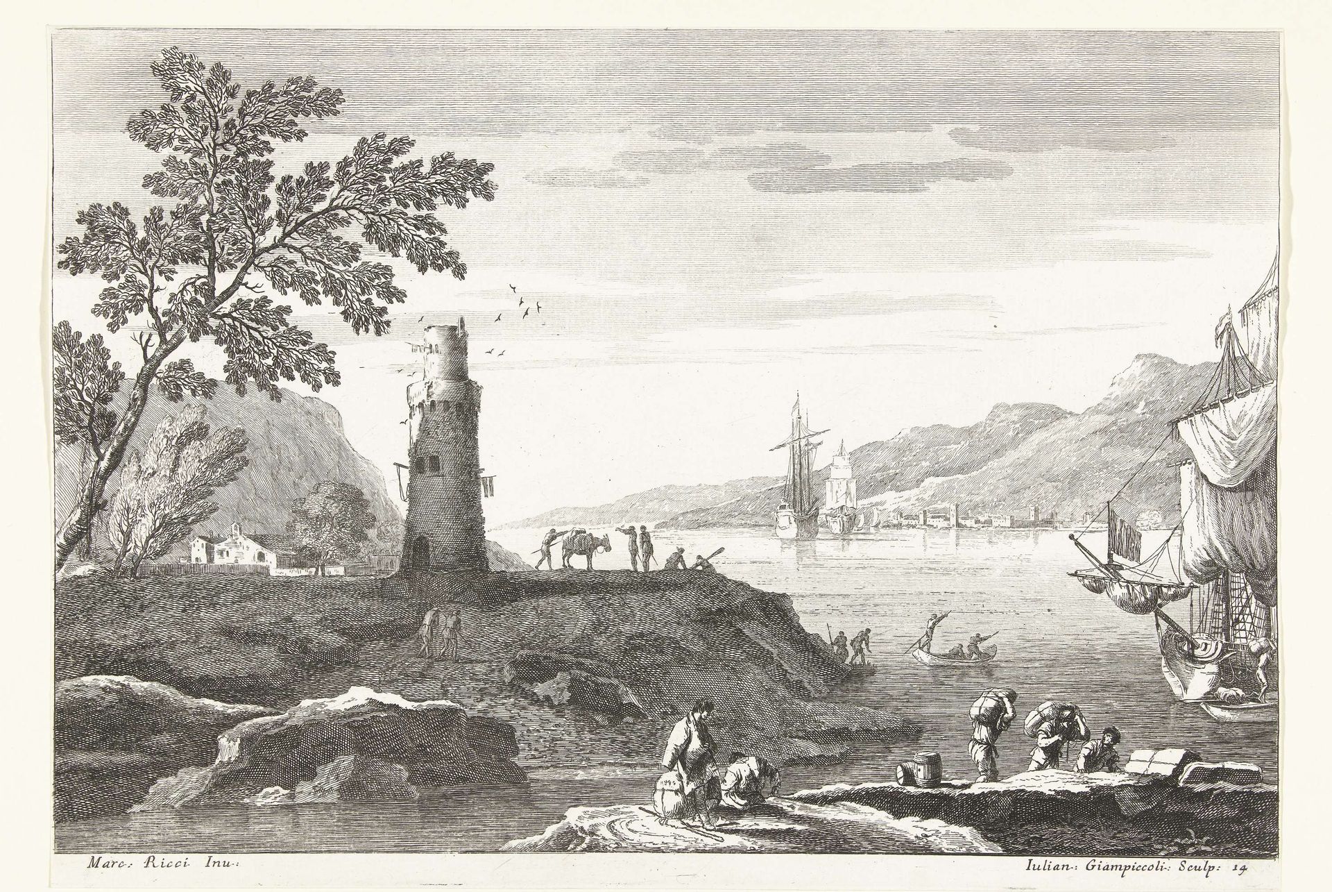 Kustlandschap met vuurtoren en schepen voor anker in baai by Giuliano Giampiccoli