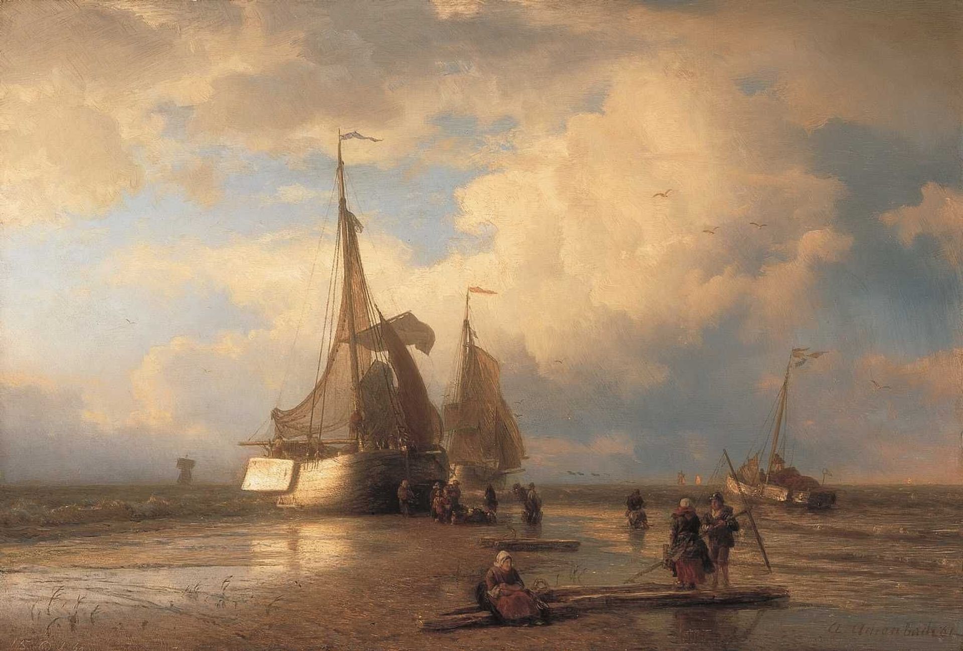 Beach picture with fishermen by Andreas Achenbach