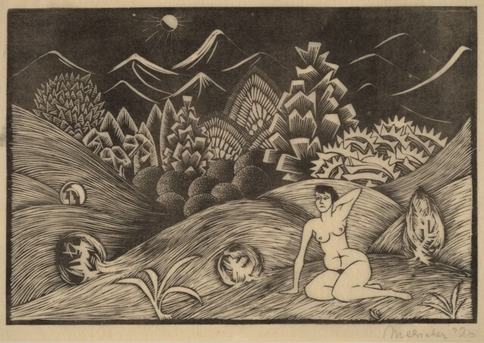 Female Nude in a Landscape by M.C. Escher
