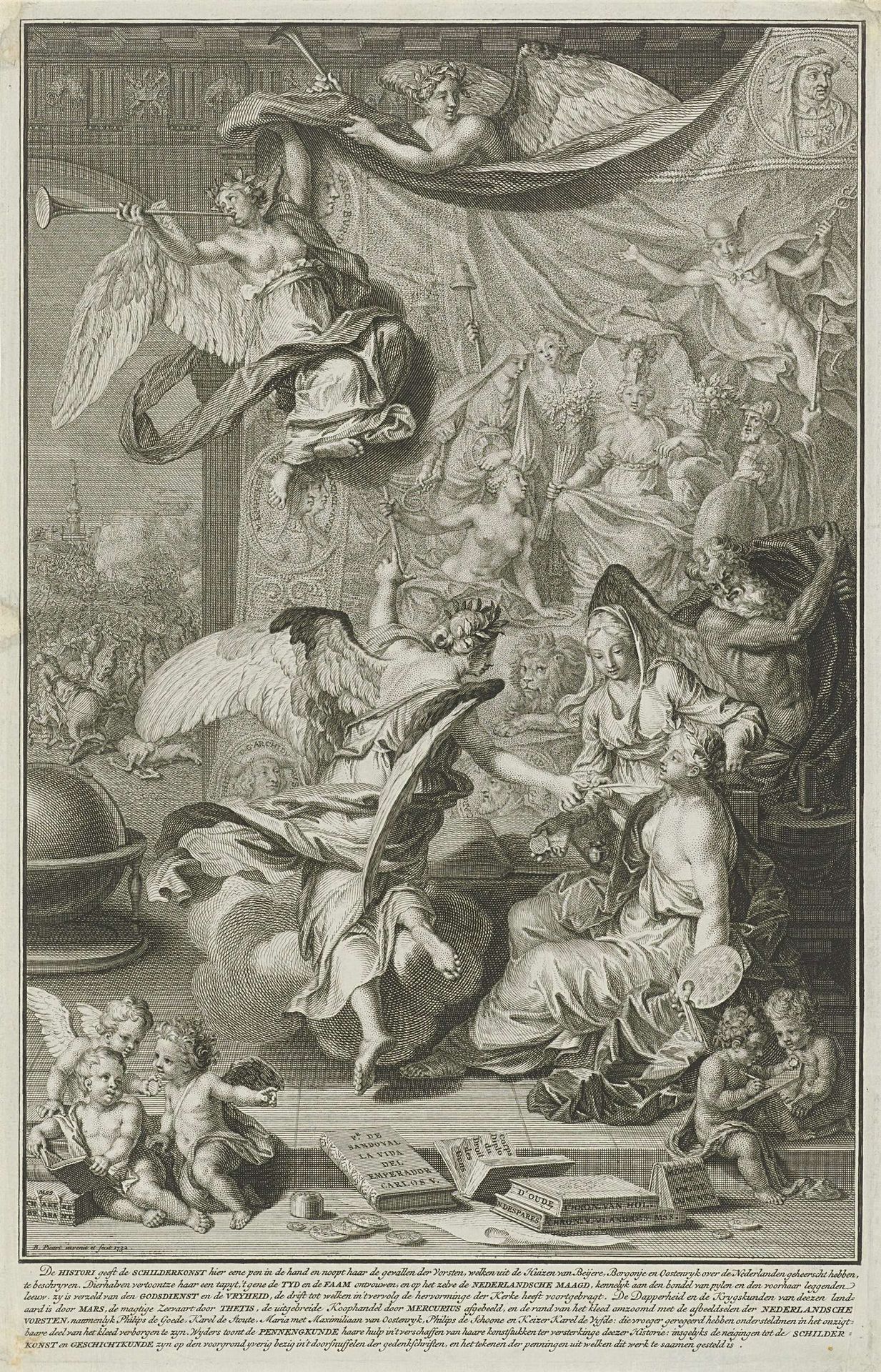 Geschiedenis geeft de Schilderkunst een schrijfveer om de geschiedenissen van de Nederlandse vorsten op te tekenen by Bernard Picart