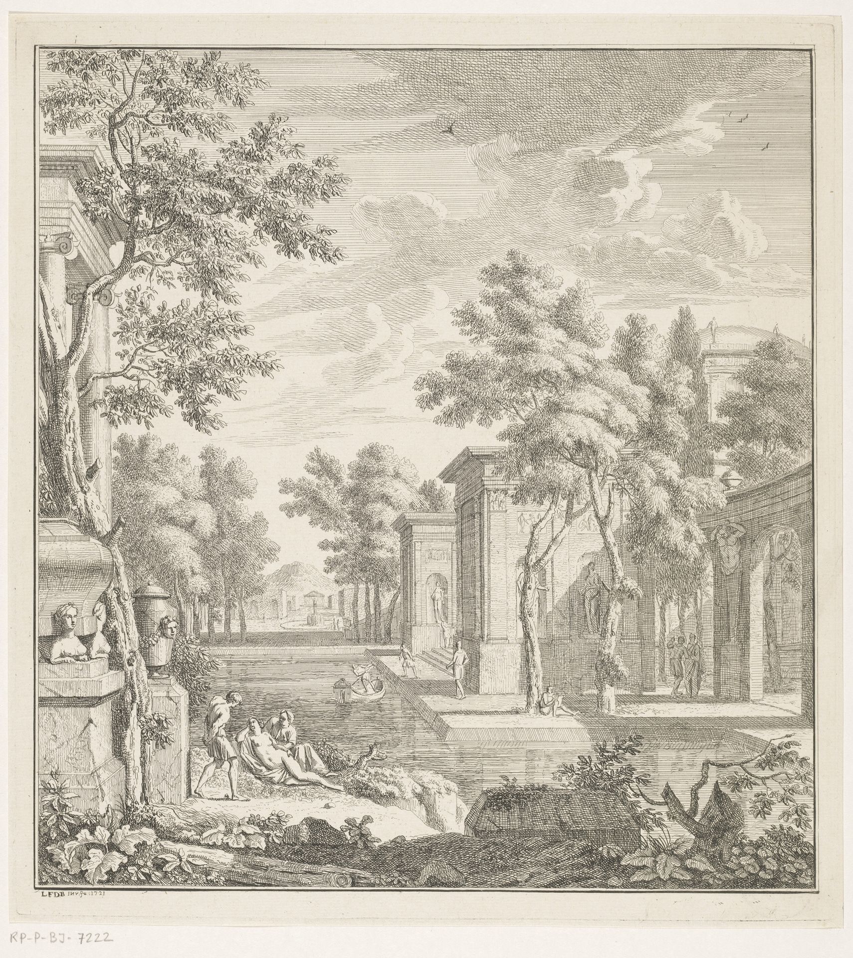 Arcadisch landschap met mannen en vrouwen bij een tempel by Louis Fabritius Dubourg
