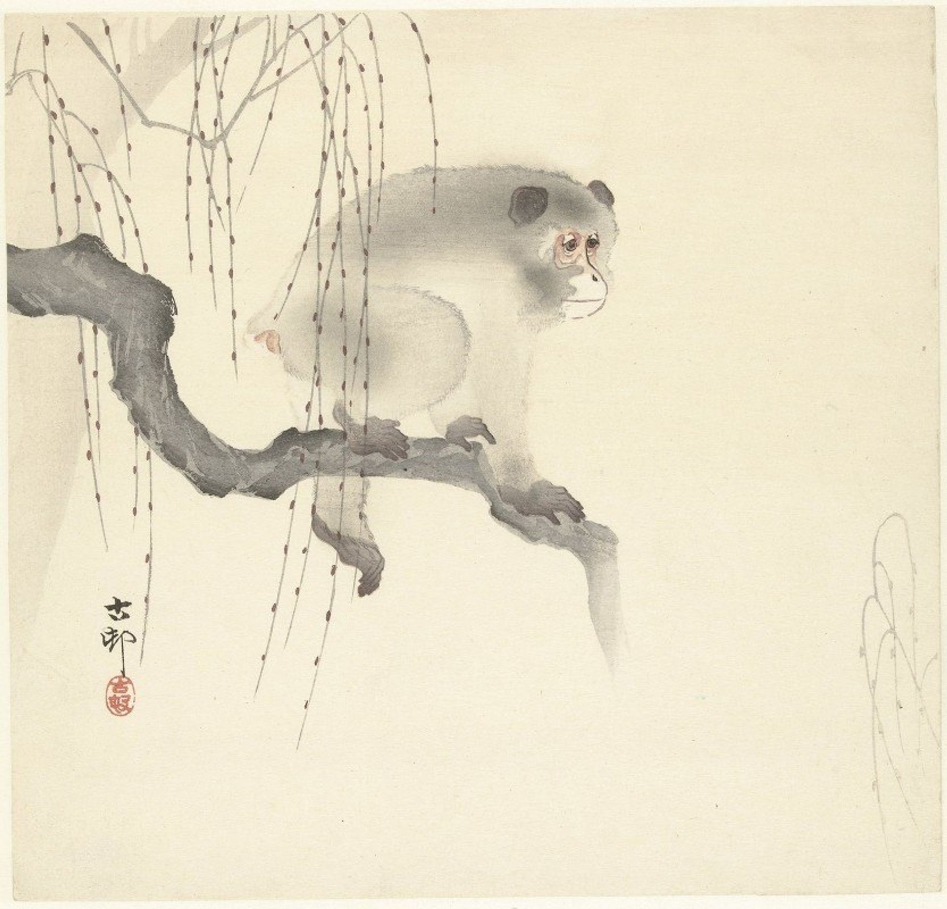 Monkey on tree branch by Ohara Koson