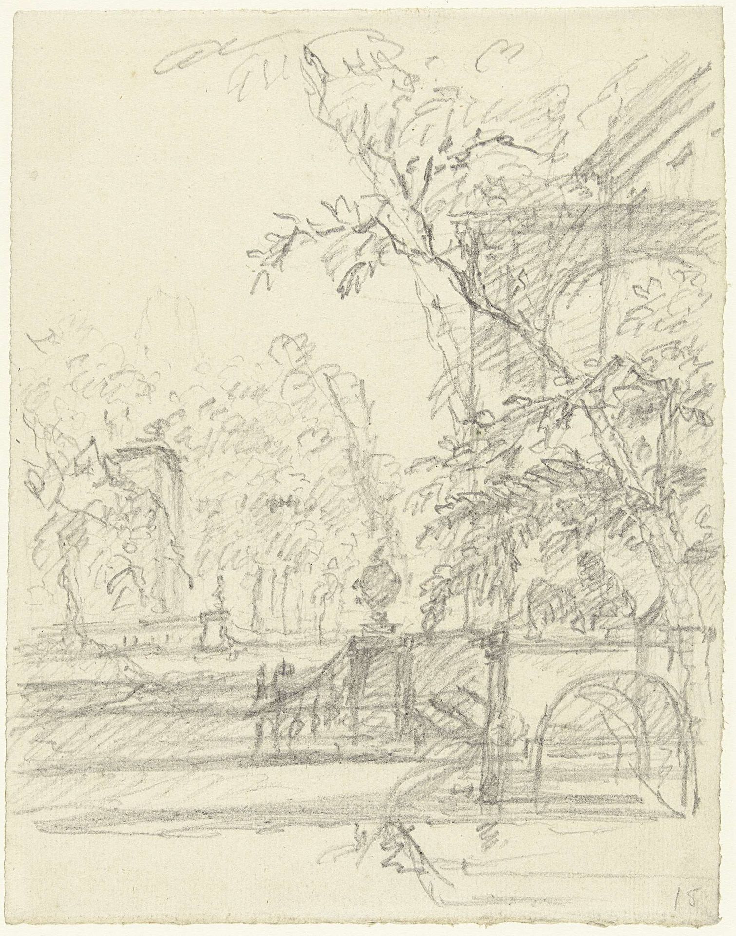 Gezicht in een tuin met rechts architectuur by Dionys van Nijmegen